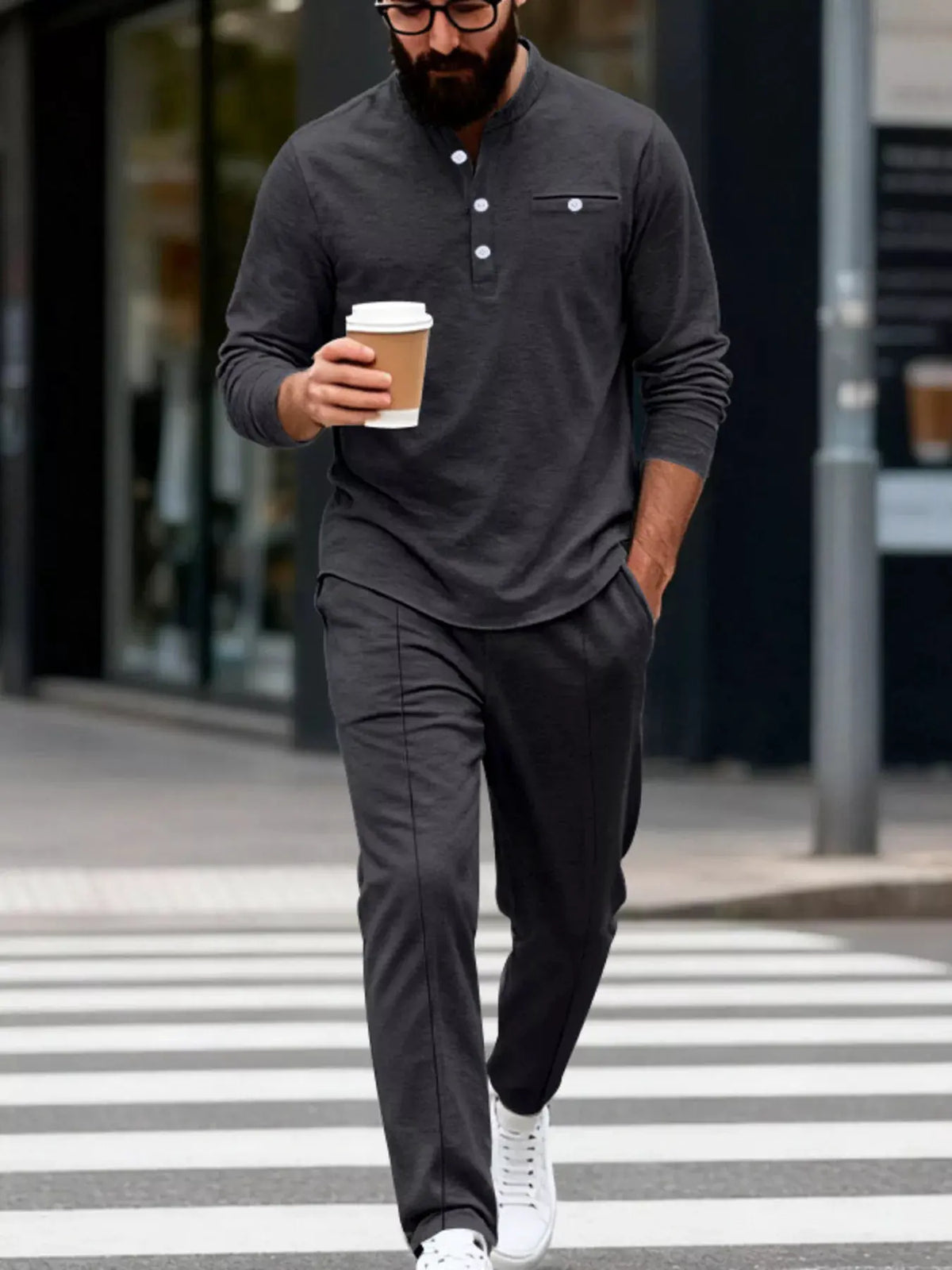 Men's Full Size Casual Long Sleeve Henley Top and Drawstring Joggers Set Plus Size by Trendsi