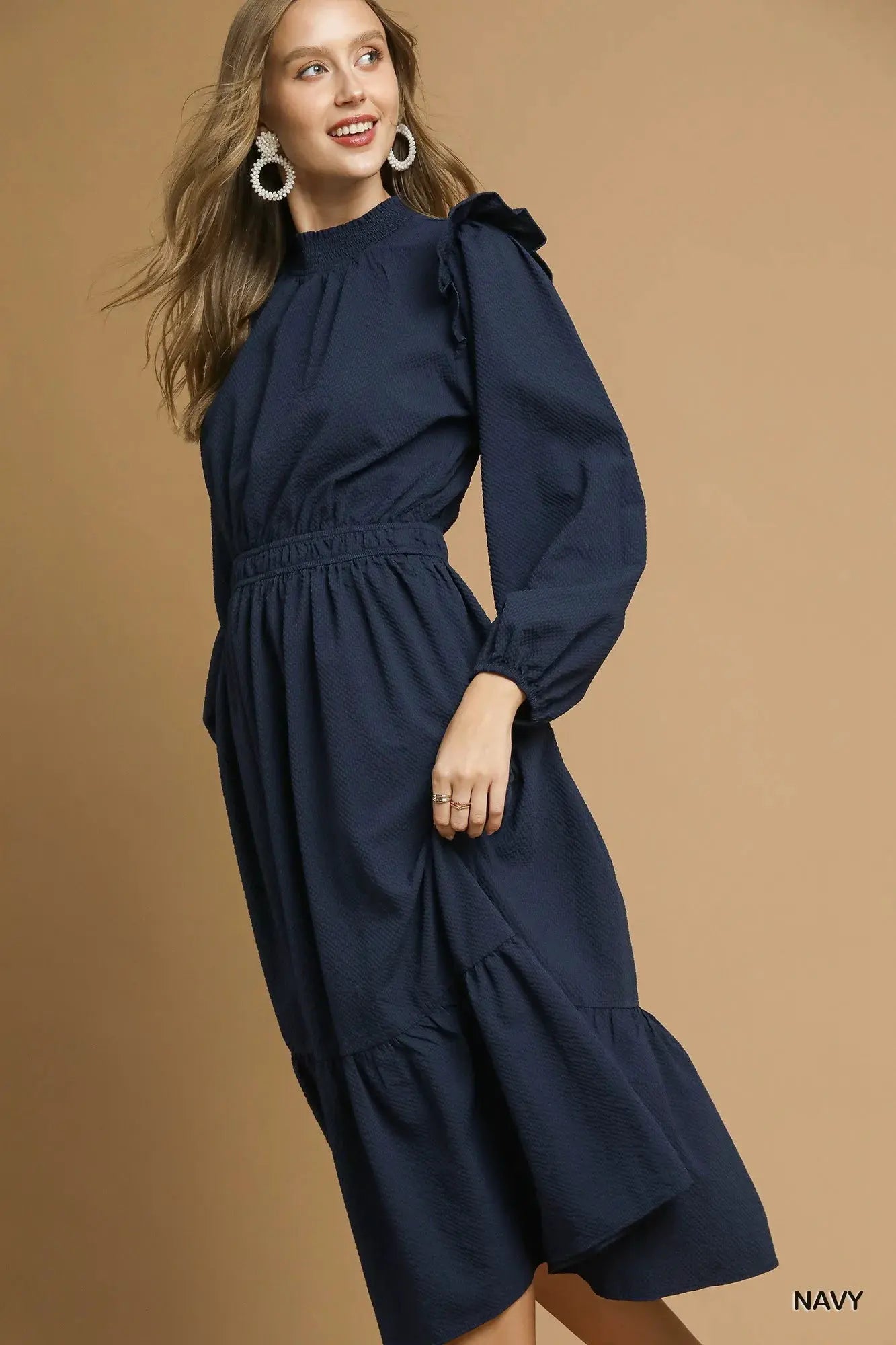 Umgee Textured Midi Dress with Ruffle Shoulder Detail by Umgee