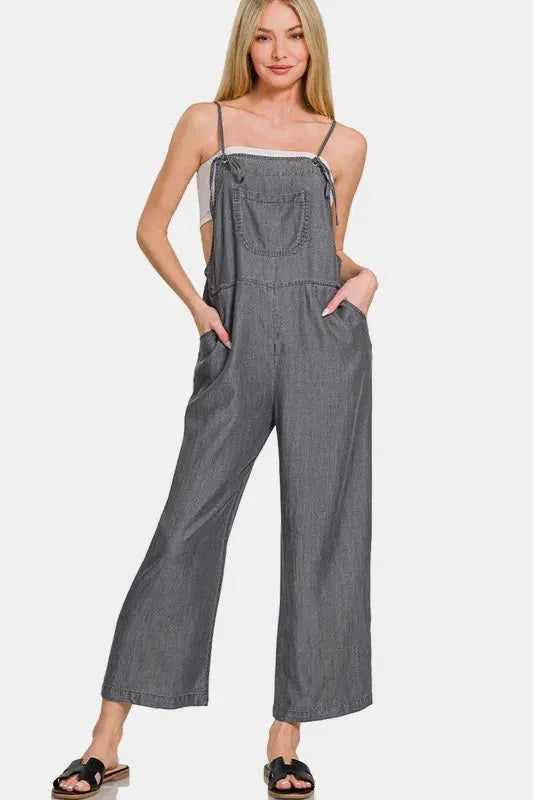 Zenana Washed Adjustable Strap Wide Leg Denim Overalls by Zenana