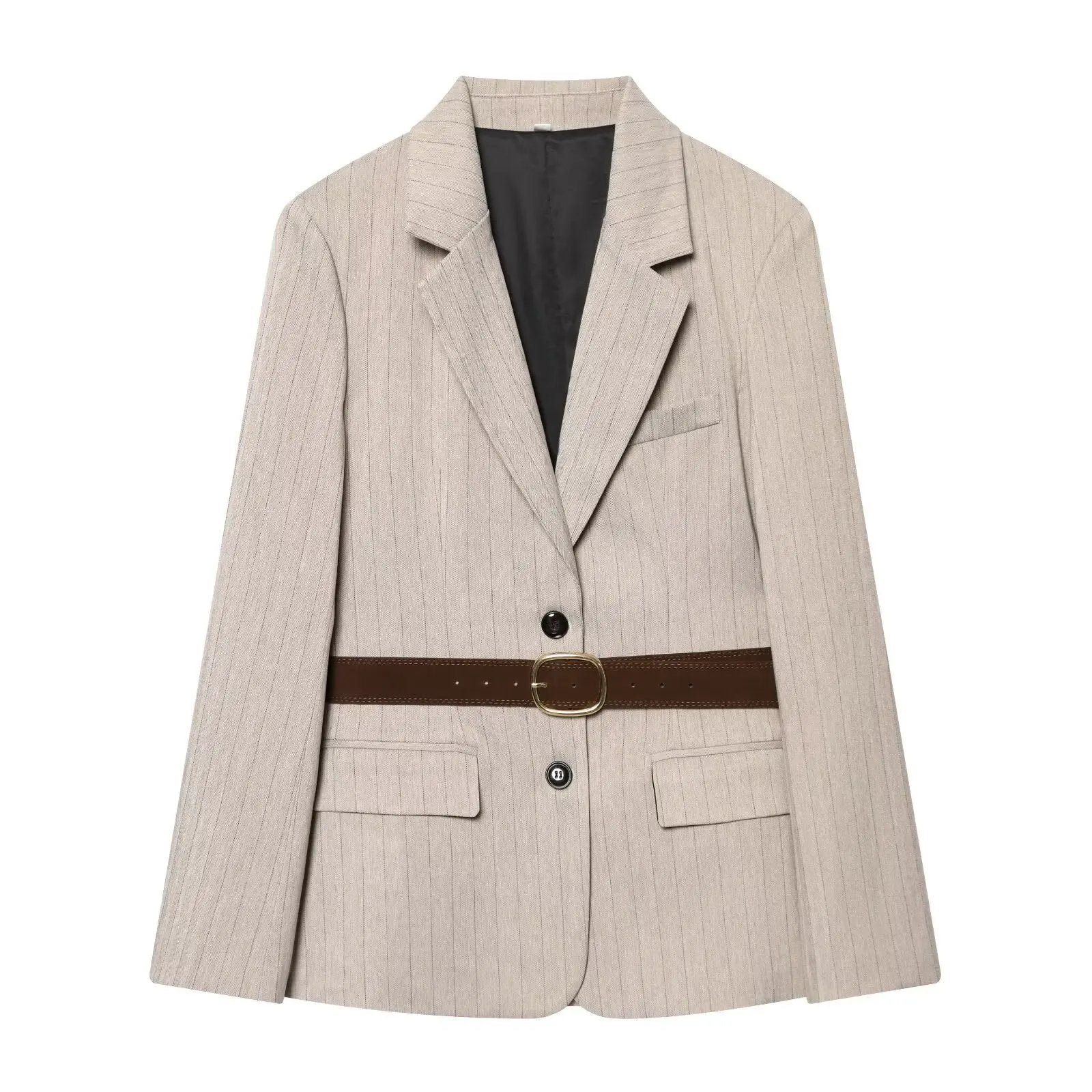 Women's Jacket Beige Pinstripe Belted Blazer BYMANYC ® New York WALL STREET BELTED BEIGE BLAZER - New Collection by BYMANYC ® New York