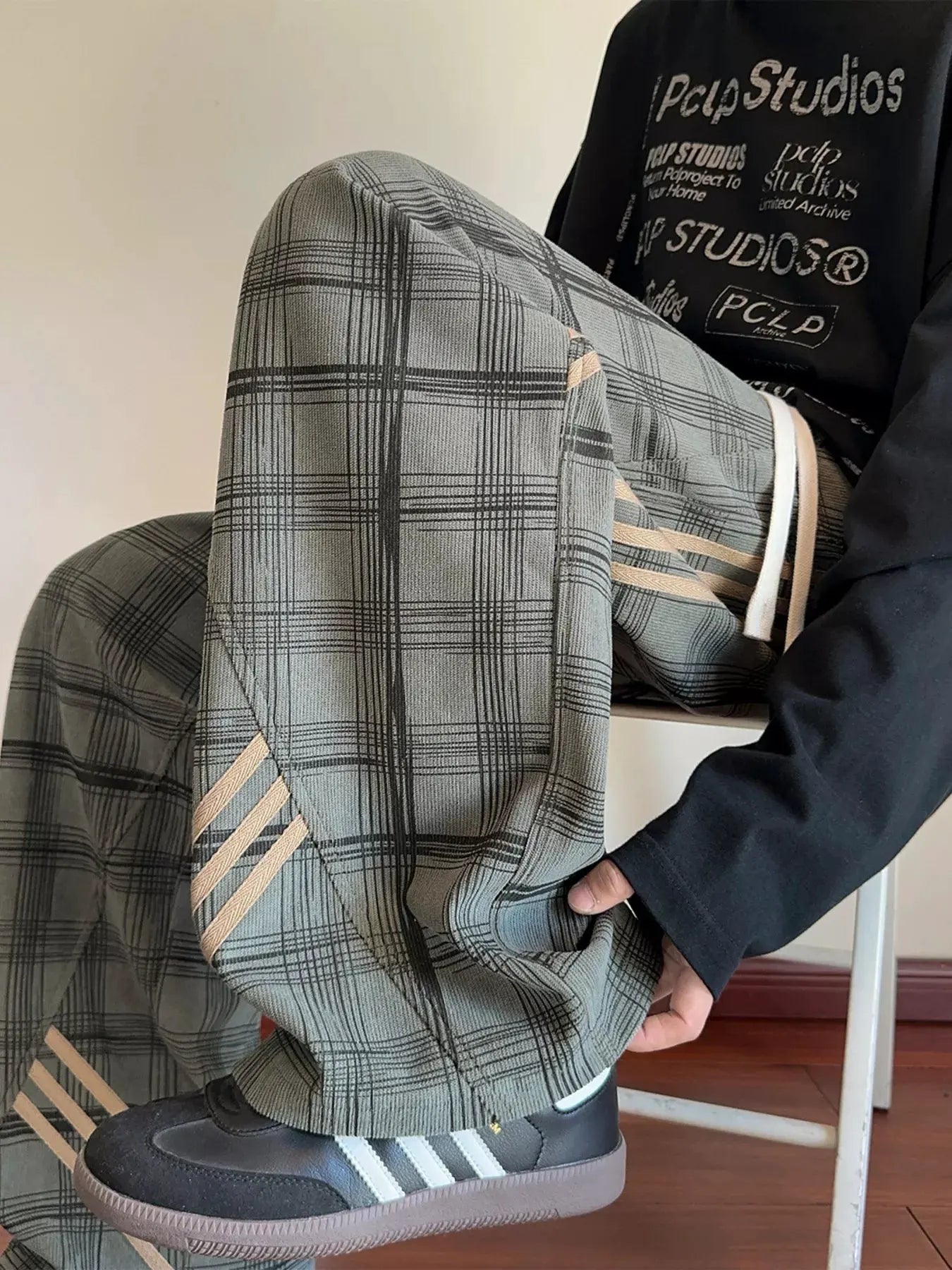Men's Plaid Wide-Leg Pants with Side Stripes by Trendsi