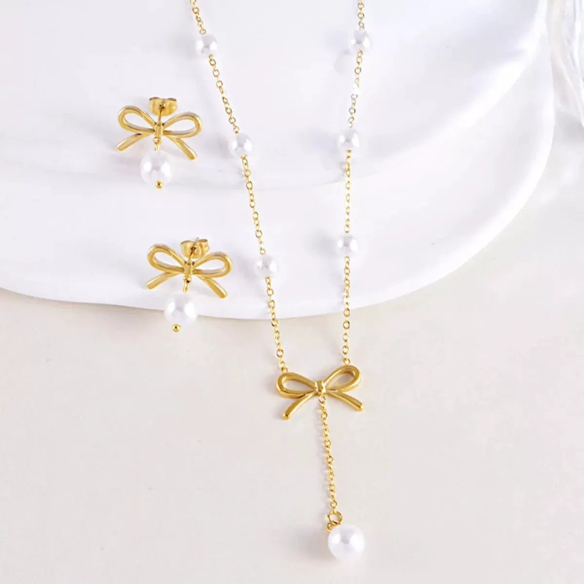 18K Gold-Plated Bowknot Pearl Jewelry Set by Partner Label