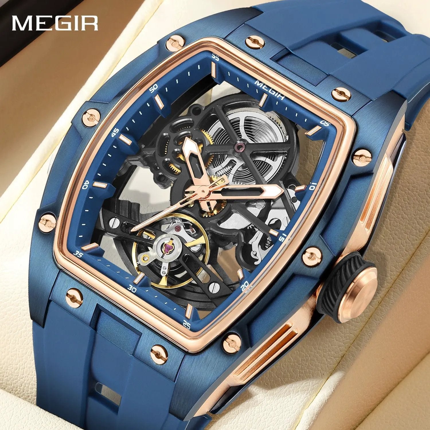 MEGIR Original Fashion Men Watches Automatic Mechanical Watch Steel Case Sport Skeleton Dial Wristwatch Waterproof Clock Reloj Hombre 2242 by MEGIR WATCH GROUP