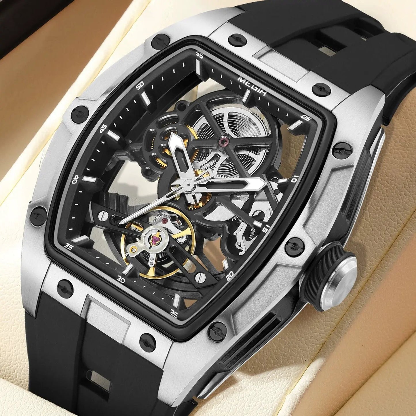 MEGIR Original Fashion Men Watches Automatic Mechanical Watch Steel Case Sport Skeleton Dial Wristwatch Waterproof Clock Reloj Hombre 2242 by MEGIR WATCH GROUP