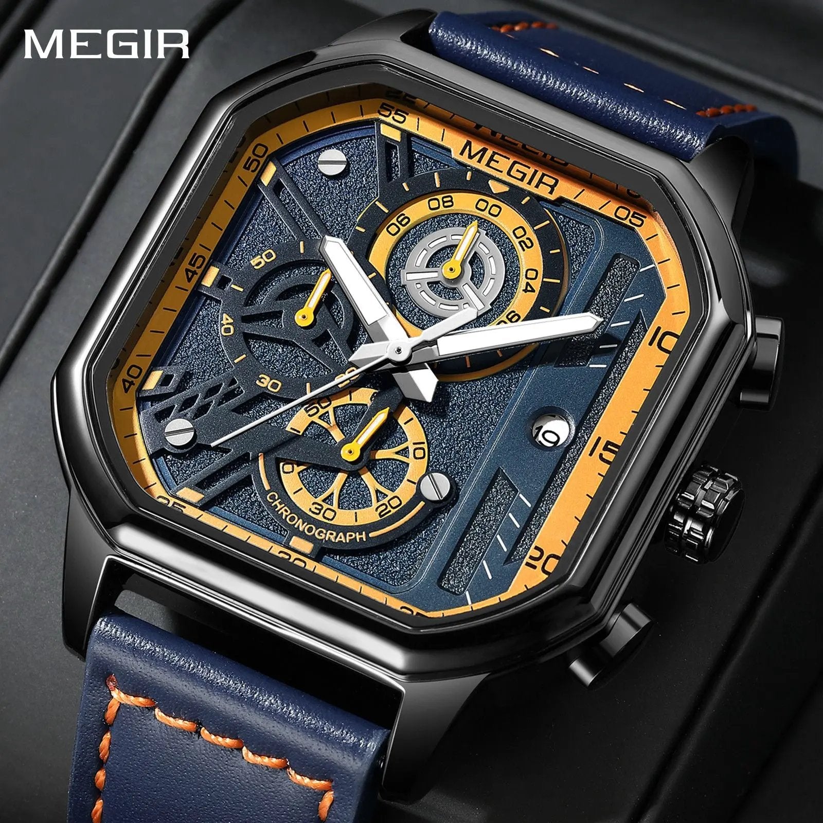 MEGIR Fashion Square Case Men's Sport Watch Quartz Chronograph Luminous Military Wristwatches Luminous Date Clock Reloj Hombre 8106 by MEGIR WATCH GROUP