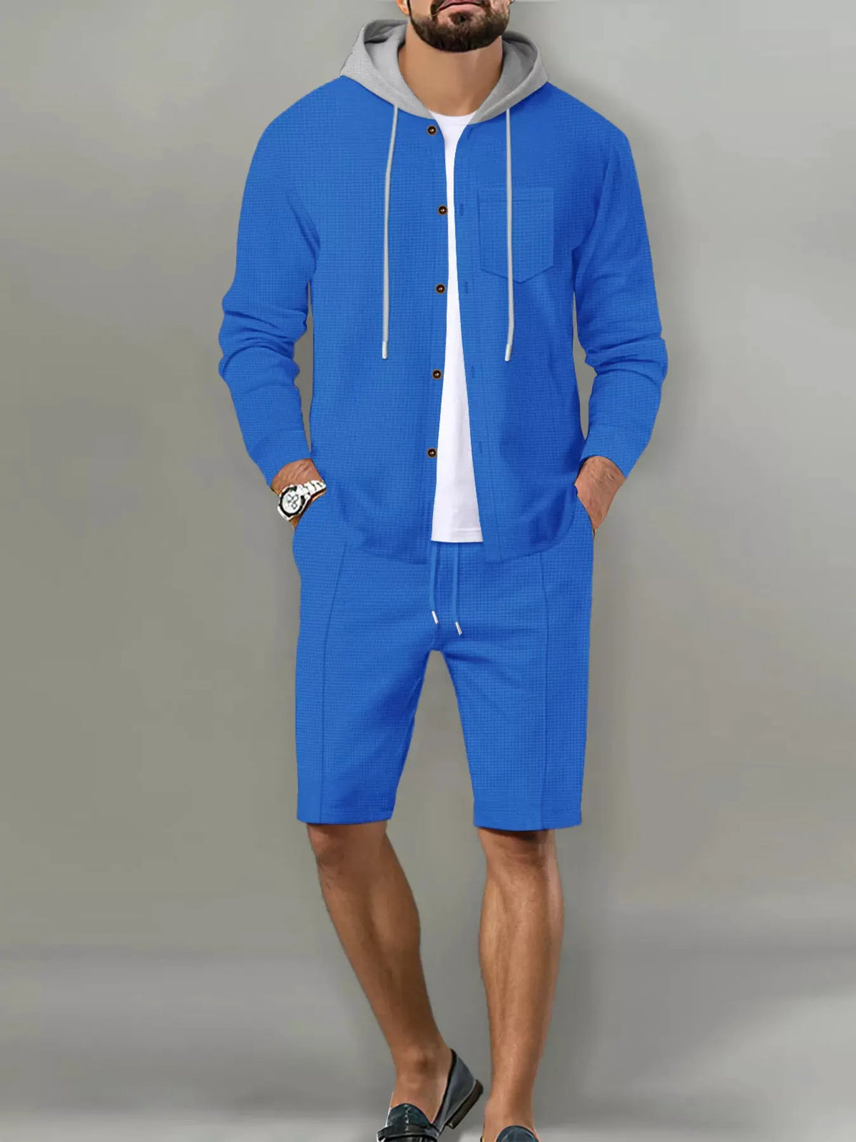 Men's Full Size Casual Hooded Button-Up Top and Shorts Set Plus Size by Trendsi