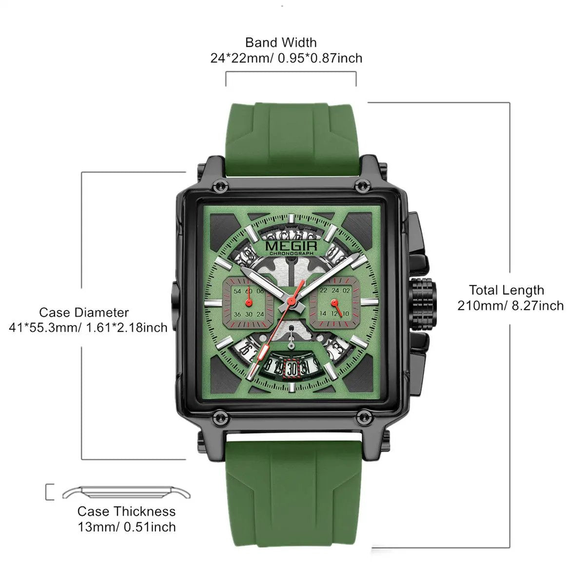 MEGIR Sport Watches for Men Waterproof Quartz Military Wristwatches Square Dial Male Chronograph Watch 24-hour Reloj Hombre 2233 by MEGIR WATCH GROUP