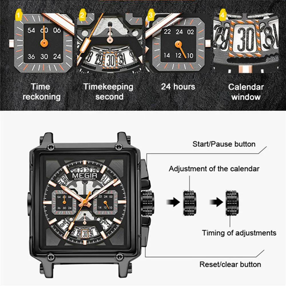 MEGIR Sport Watches for Men Waterproof Quartz Military Wristwatches Square Dial Male Chronograph Watch 24-hour Reloj Hombre 2233 by MEGIR WATCH GROUP