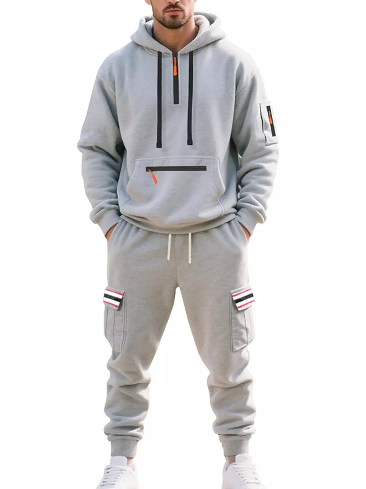 Men's Full Size Casual Half-Zip Hoodie and Cargo Pants Set Plus Size by Trendsi