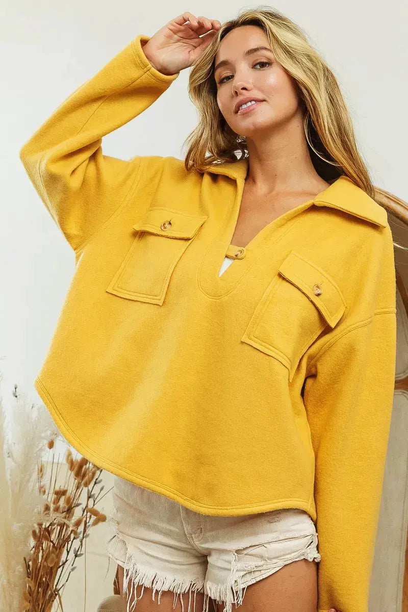 BiBi Flap Pockets Fleece Collared Sweatshirt by BiBi
