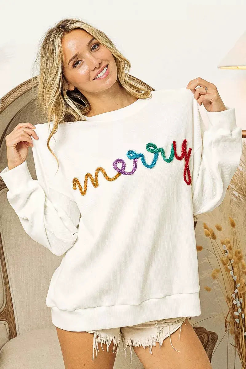 BiBi Merry Tinsel Lettering Drop Shoulder Sweatshirt by BiBi