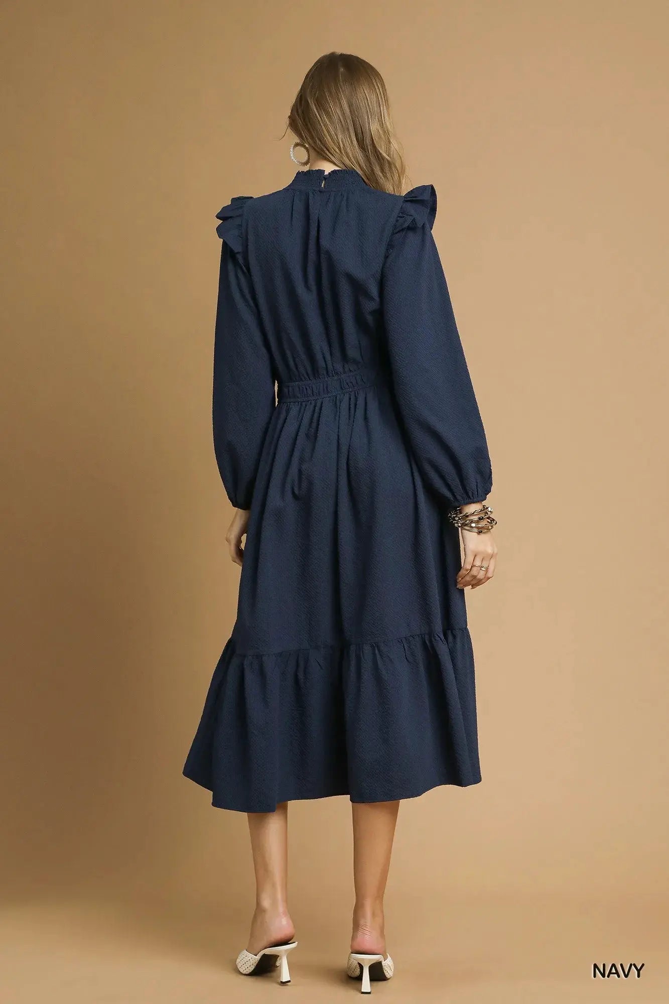 Umgee Textured Midi Dress with Ruffle Shoulder Detail by Umgee
