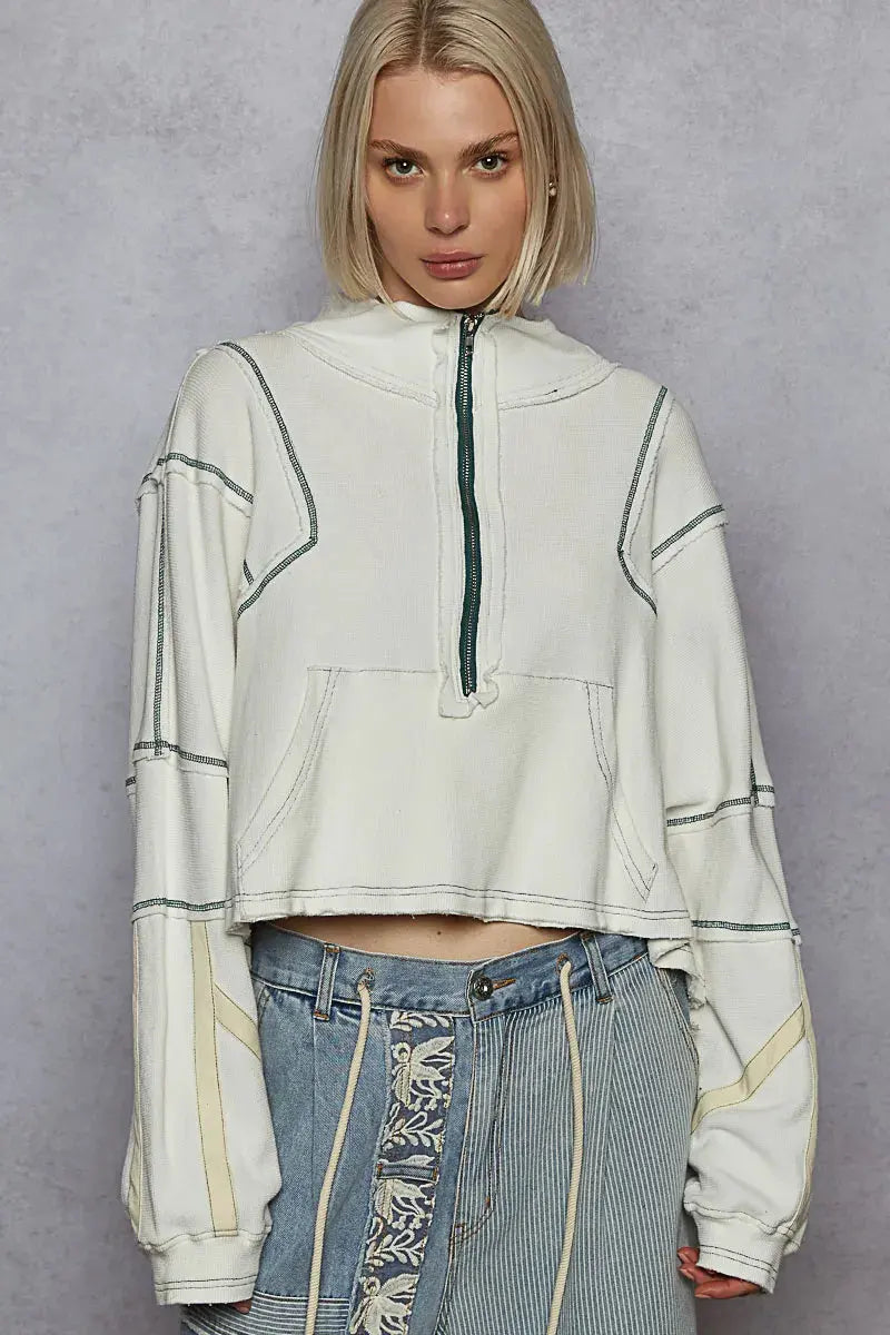 POL Contrast Stitching Zip Front Sweatshirt by POL