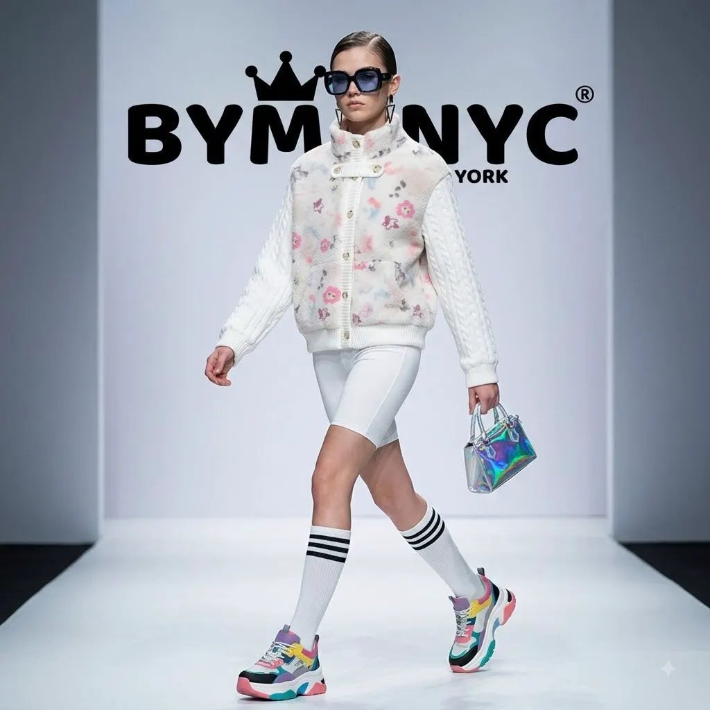 Women's White Fleece Cable Knit Bomber Jacket Floral Printed BYMANYC ® New York CONTEMPORARY VIBRANT MODERN OUTERWEAR - New Collection by BYMANYC ® New York