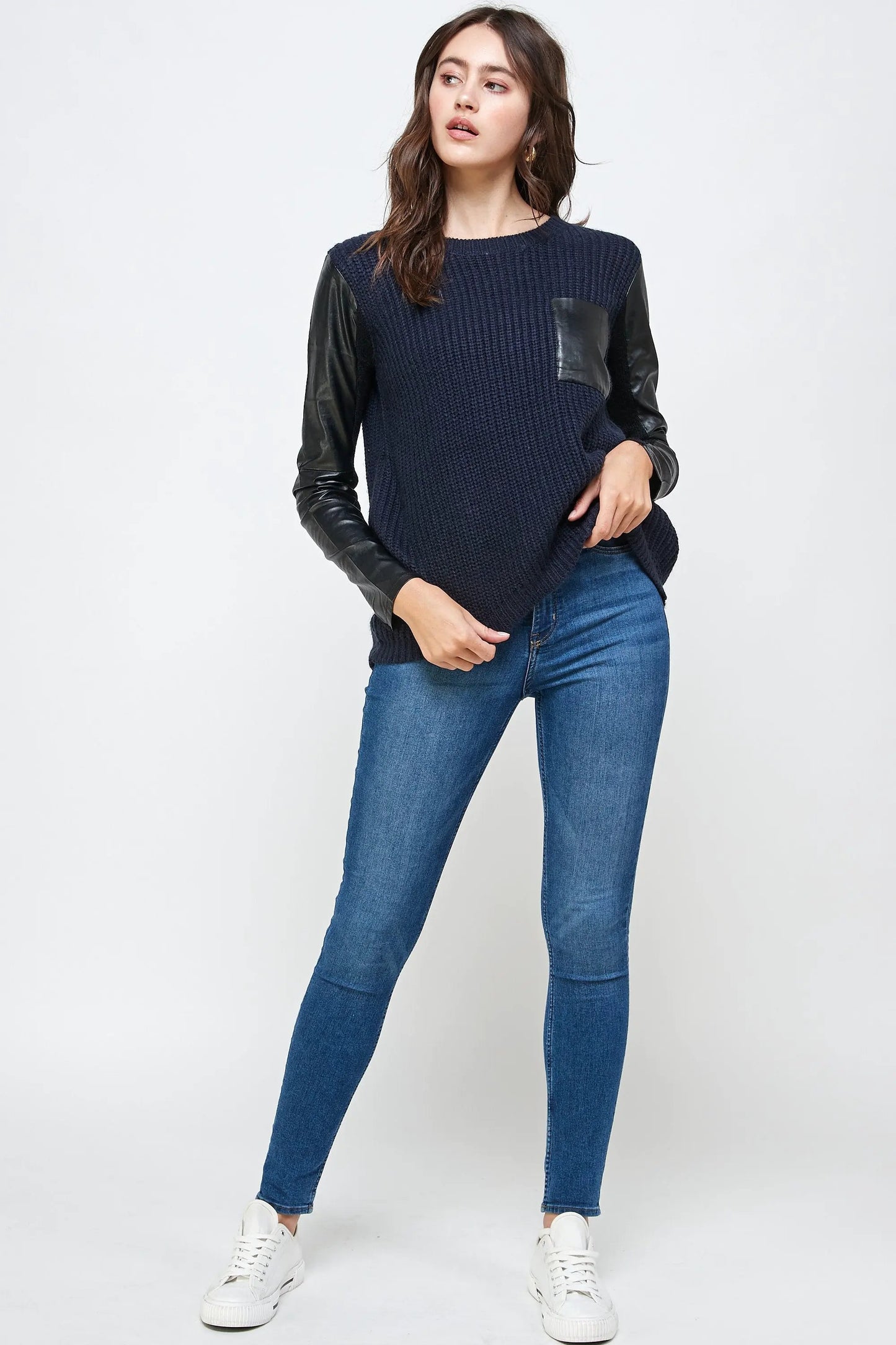 Chunky Knit Sweater with Faux Leather Sleeves 🖤✨ High-Low Top by Inland Leather