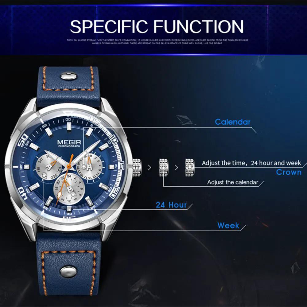 MEGIR Fashion Quartz Chronograph Watch for Men Leather Strap Military Sport Wristwatch Waterproof 24-hour Week Date Clock 2072 by MEGIR WATCH GROUP