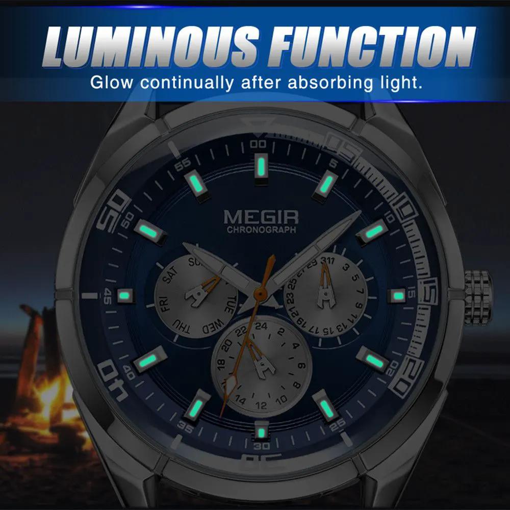 MEGIR Fashion Quartz Chronograph Watch for Men Leather Strap Military Sport Wristwatch Waterproof 24-hour Week Date Clock 2072 by MEGIR WATCH GROUP
