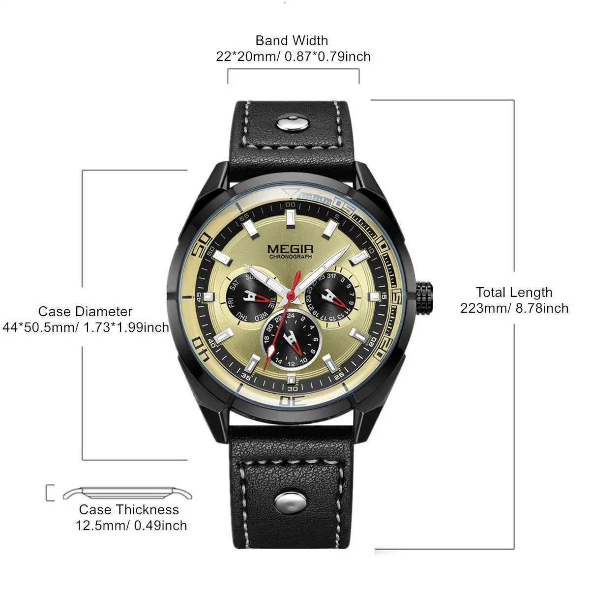 MEGIR Fashion Quartz Chronograph Watch for Men Leather Strap Military Sport Wristwatch Waterproof 24-hour Week Date Clock 2072 by MEGIR WATCH GROUP