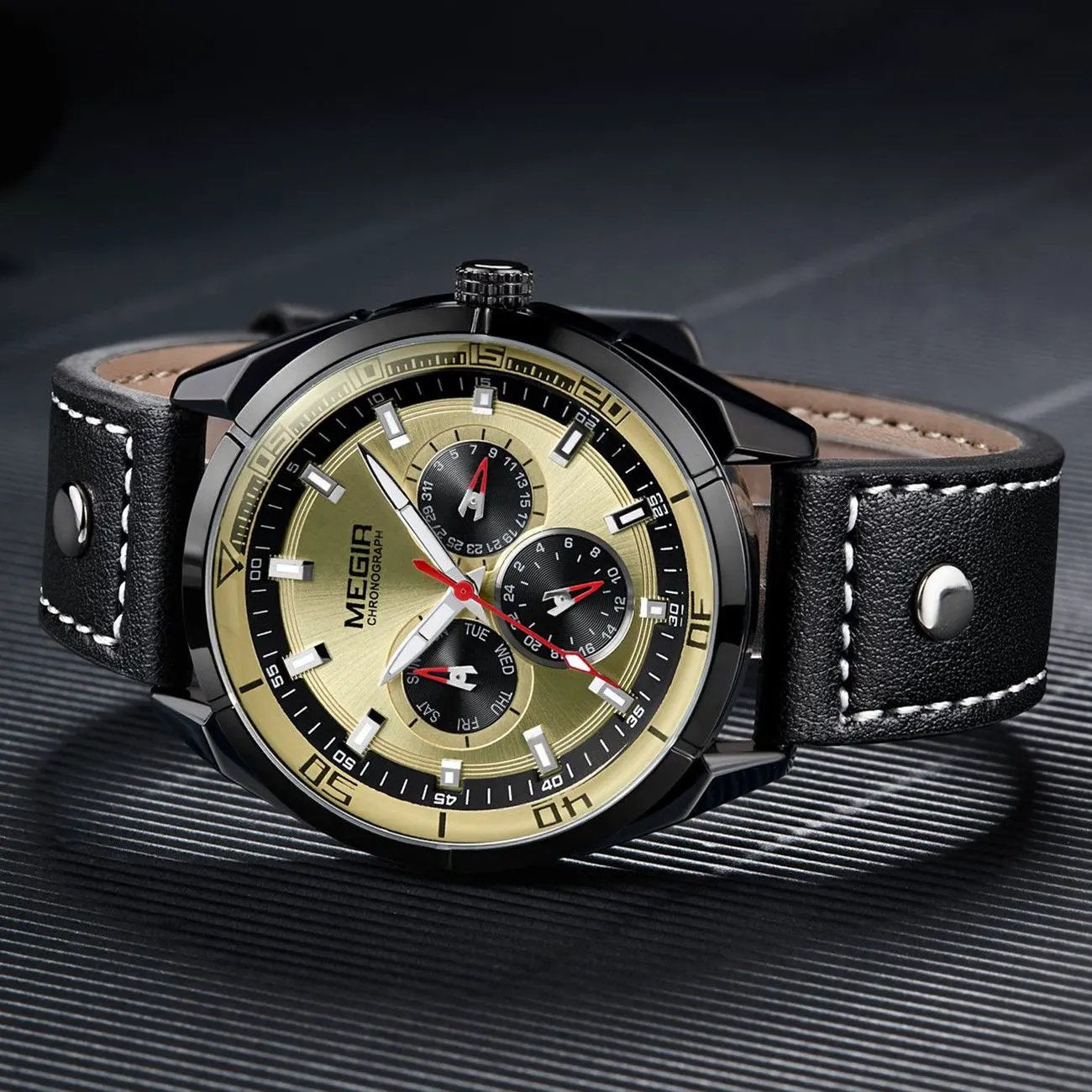 MEGIR Fashion Quartz Chronograph Watch for Men Leather Strap Military Sport Wristwatch Waterproof 24-hour Week Date Clock 2072 by MEGIR WATCH GROUP