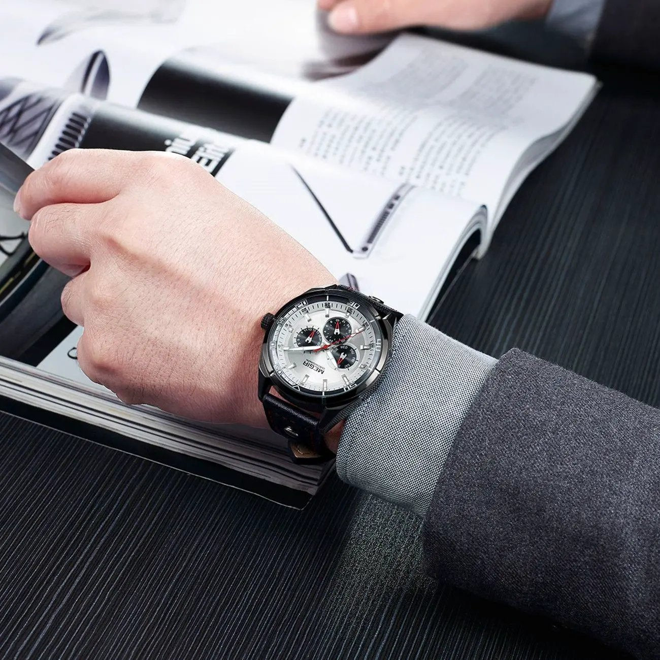 MEGIR Fashion Quartz Chronograph Watch for Men Leather Strap Military Sport Wristwatch Waterproof 24-hour Week Date Clock 2072 by MEGIR WATCH GROUP