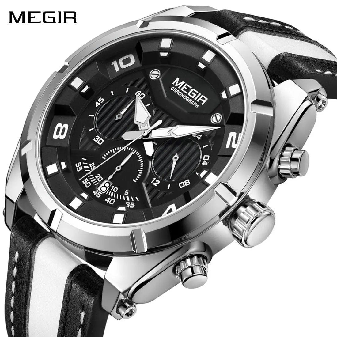 MEGIR Luxury Men's Quartz Wristwatch Leather Strap Sport Watches with Chronograph 24-hour Date Clock Relogio Masculino 2076 by MEGIR WATCH GROUP