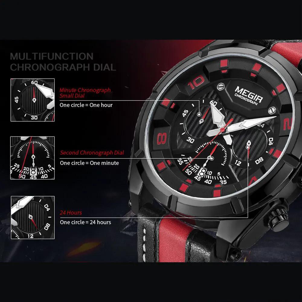 MEGIR Luxury Men's Quartz Wristwatch Leather Strap Sport Watches with Chronograph 24-hour Date Clock Relogio Masculino 2076 by MEGIR WATCH GROUP