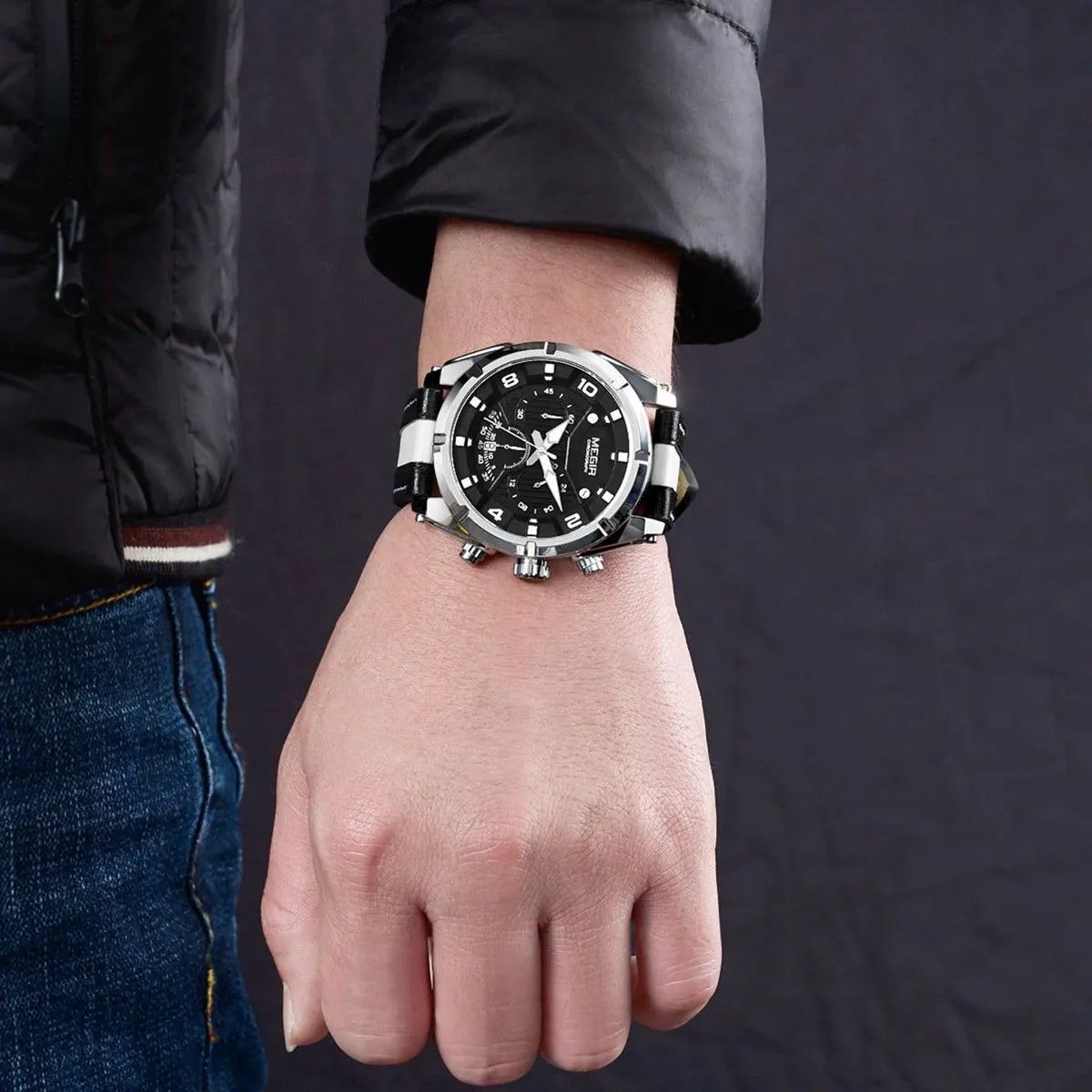 MEGIR Luxury Men's Quartz Wristwatch Leather Strap Sport Watches with Chronograph 24-hour Date Clock Relogio Masculino 2076 by MEGIR WATCH GROUP
