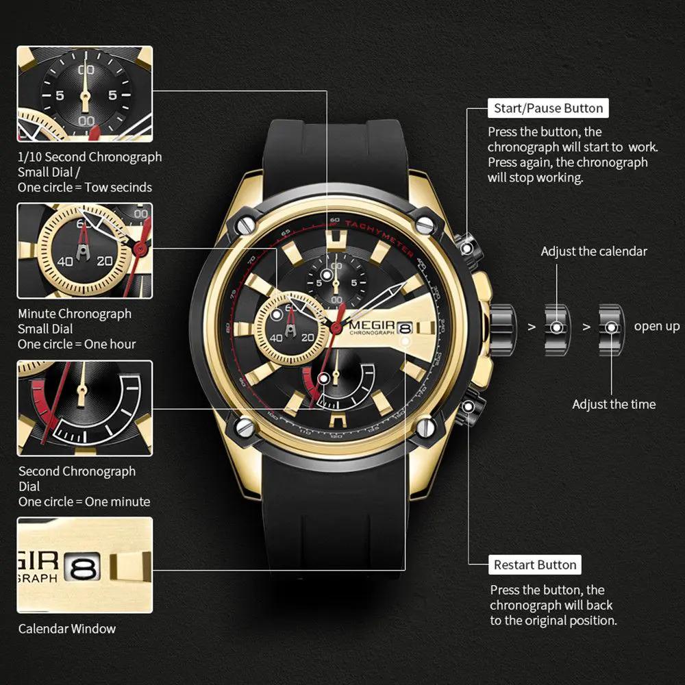 MEGIR Chronograph Luxury Brand Men Sports Watches Silicone Strap Quartz Casual Wristwatch Waterproof Calendar Reloj Hombre 2086 by MEGIR WATCH GROUP