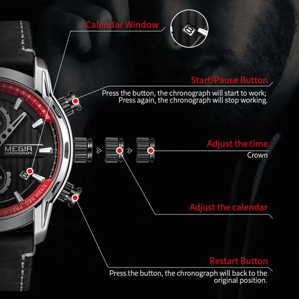 MEGIR Men's Watches Waterproof Luminous Sports Wristwatch Fashion Leather Strap Quartz Chronograph Clock Date Gift for Man 2104 by MEGIR WATCH GROUP
