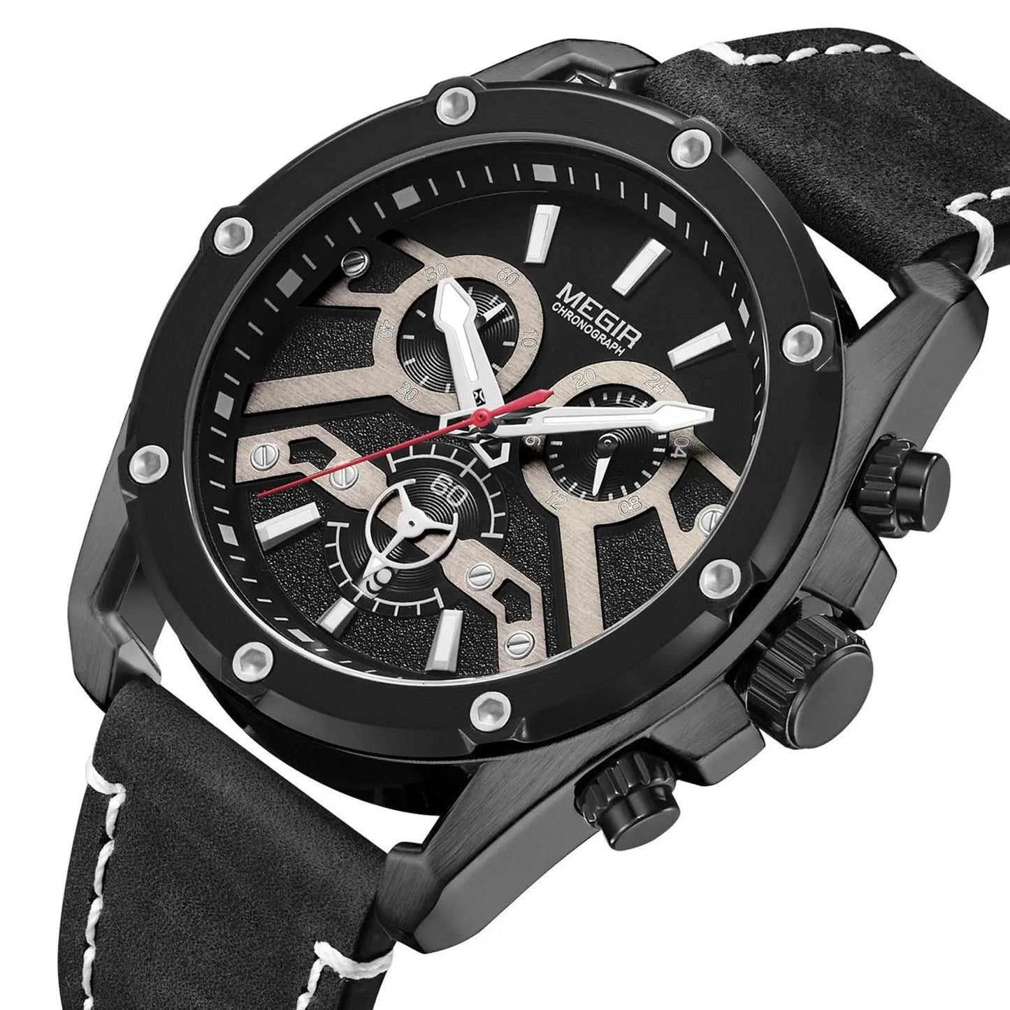 MEGIR Watches for Men Leather Strap Sport Wristwatch Male Clock Waterproof Luminous Quartz Chronograph 24-hour Reloj Hombre 2120 by MEGIR WATCH GROUP