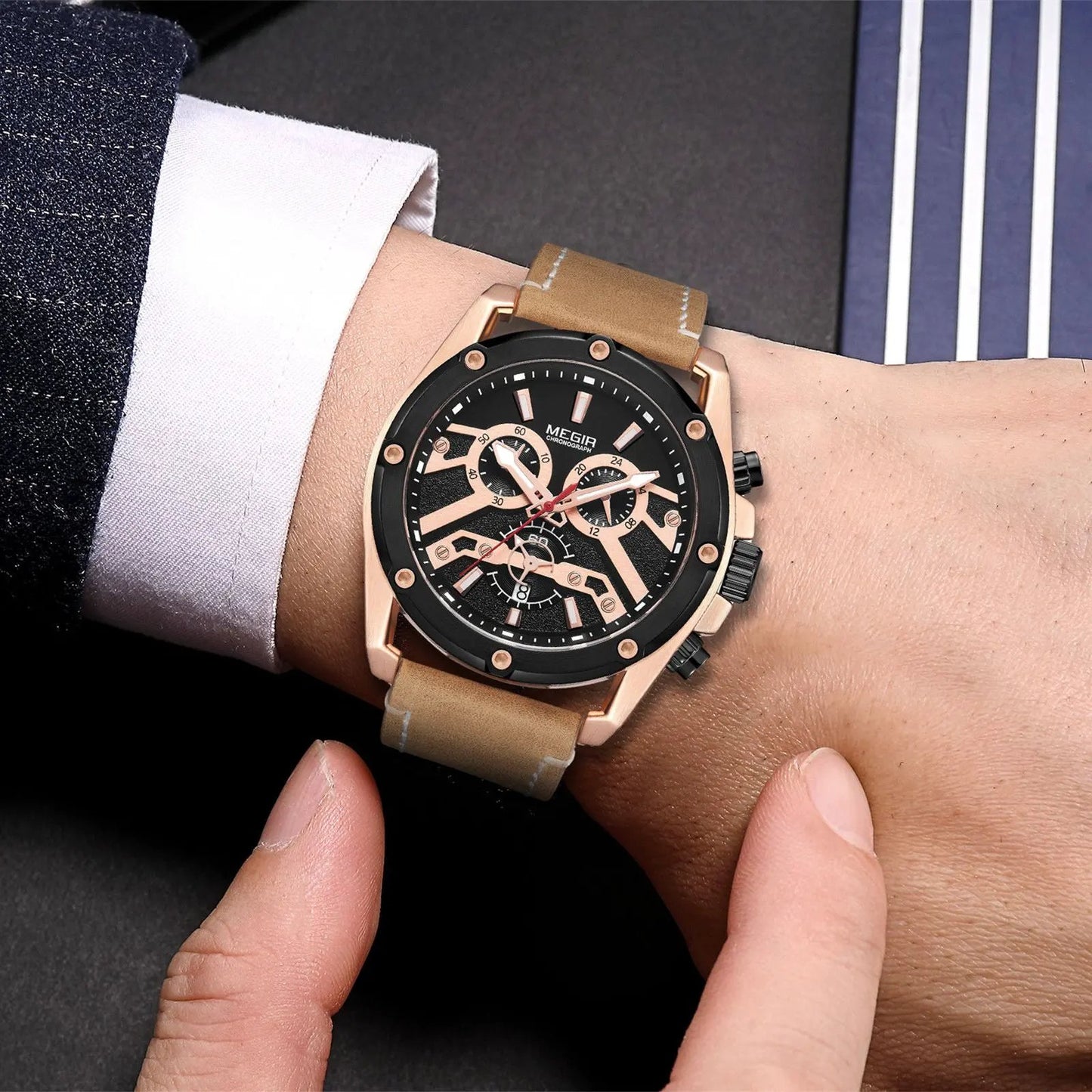 MEGIR Watches for Men Leather Strap Sport Wristwatch Male Clock Waterproof Luminous Quartz Chronograph 24-hour Reloj Hombre 2120 by MEGIR WATCH GROUP