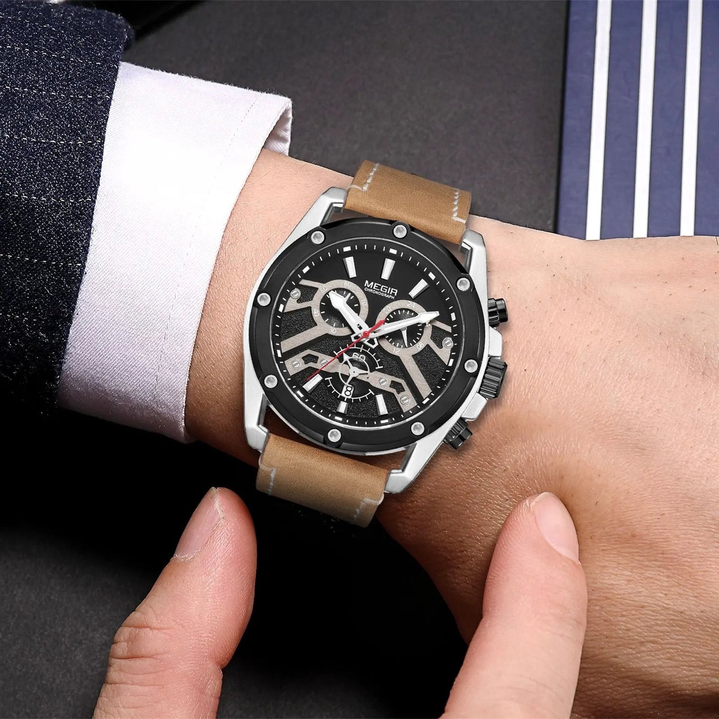 MEGIR Watches for Men Leather Strap Sport Wristwatch Male Clock Waterproof Luminous Quartz Chronograph 24-hour Reloj Hombre 2120 by MEGIR WATCH GROUP