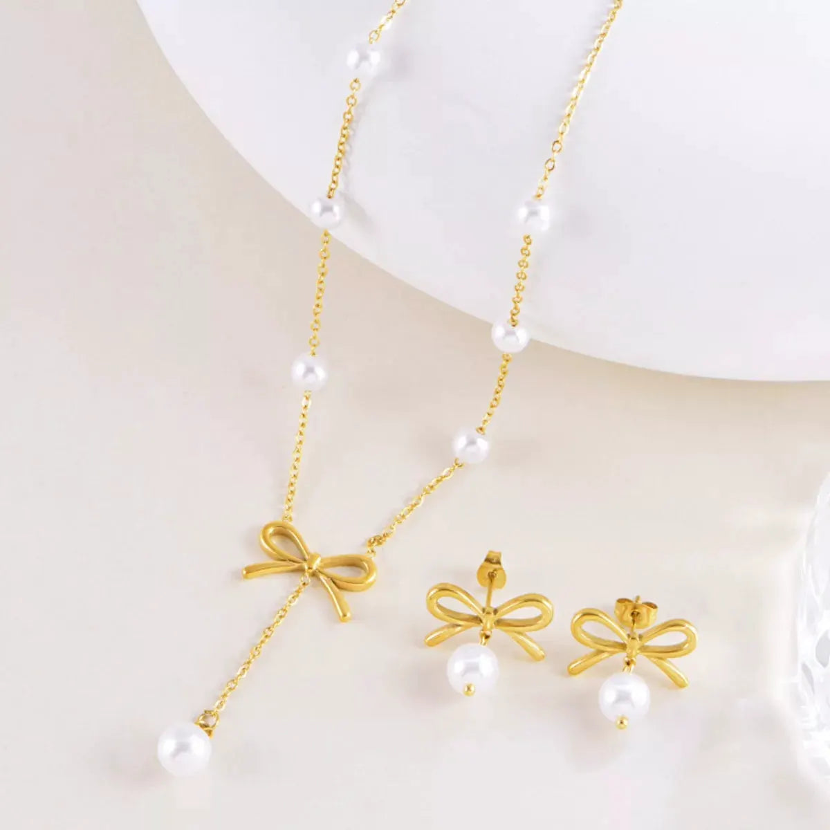 18K Gold-Plated Bowknot Pearl Jewelry Set by Partner Label
