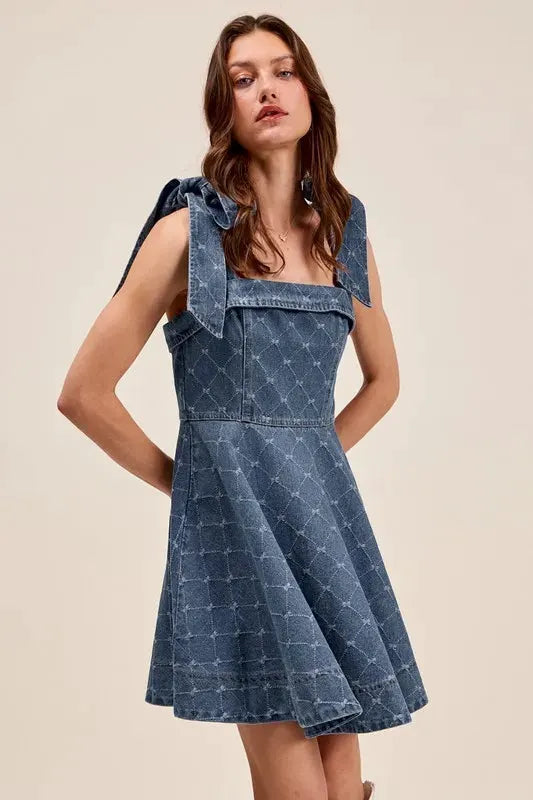 SO ME A Line Fit and Flare Diamond Bow Ribbon Denim Dres by SO ME