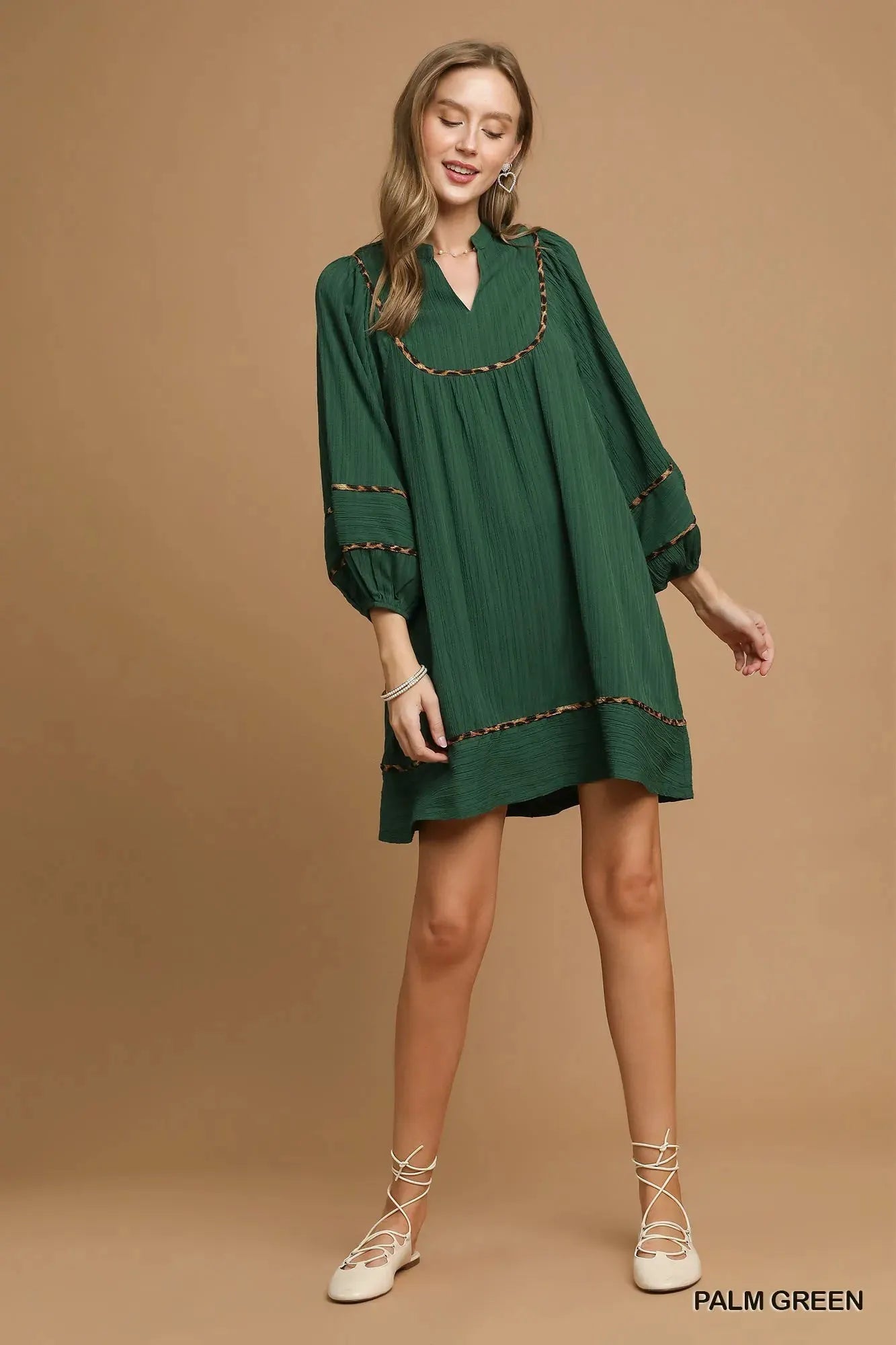 Umgee Textured Babydoll Dress with Leopard Trim by Umgee