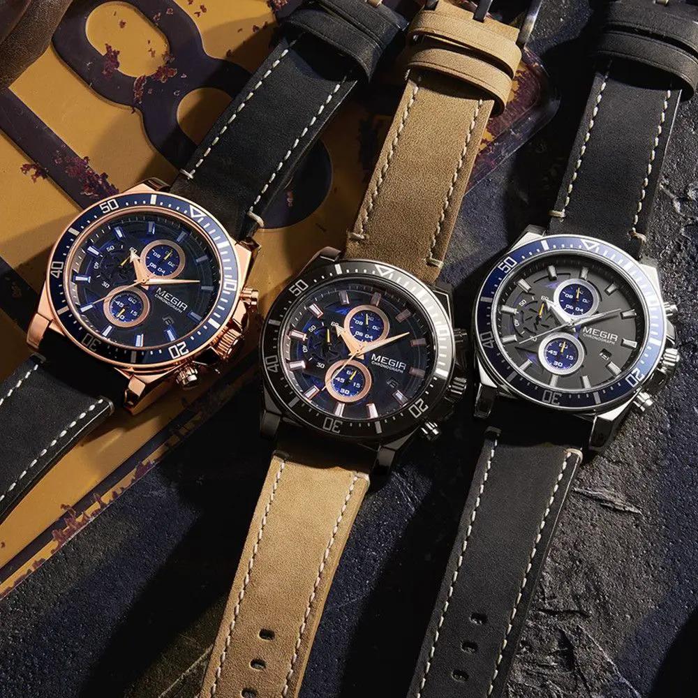 MEGIR Fashion Watches for Men Leather Strap Sport Military Wristwatch Man Quartz Watch Waterproof Chronograph with Calendar 2132 by MEGIR WATCH GROUP