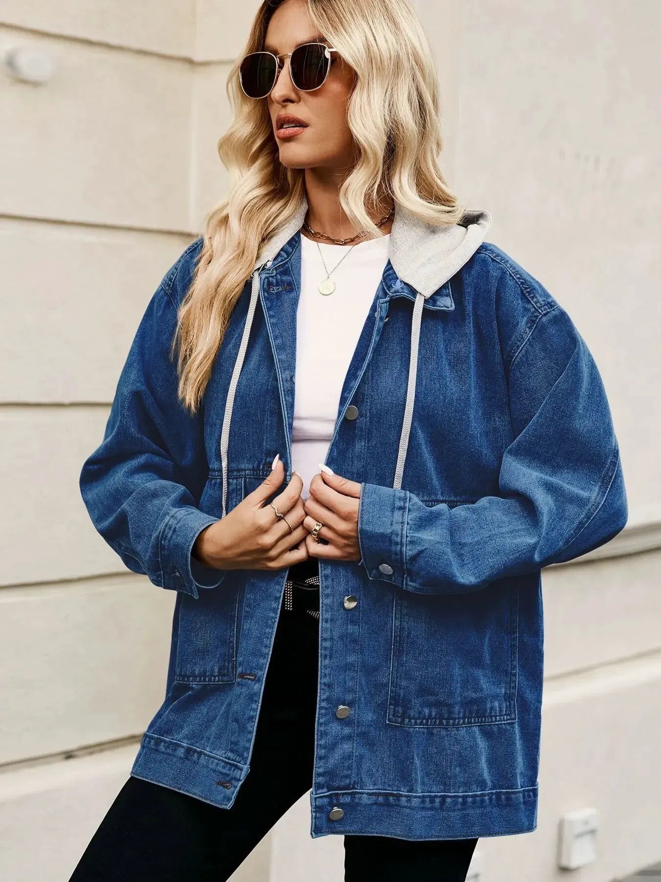 Oversized Button Up Denim Jacket with Hood by Partner Label