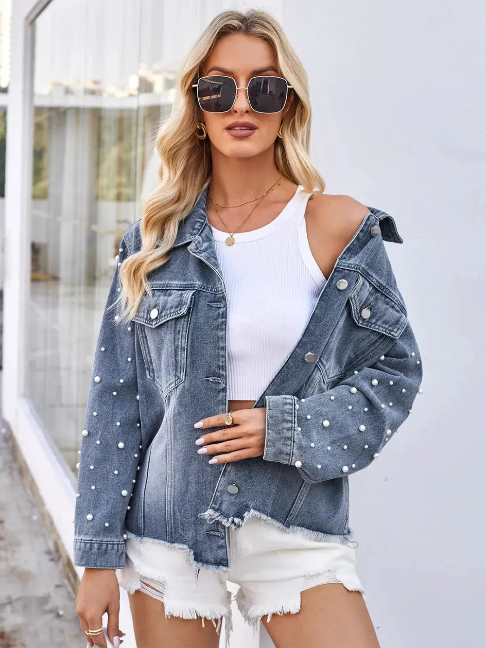 Pearl Trim Raw Hem Denim Jacket by Partner Label