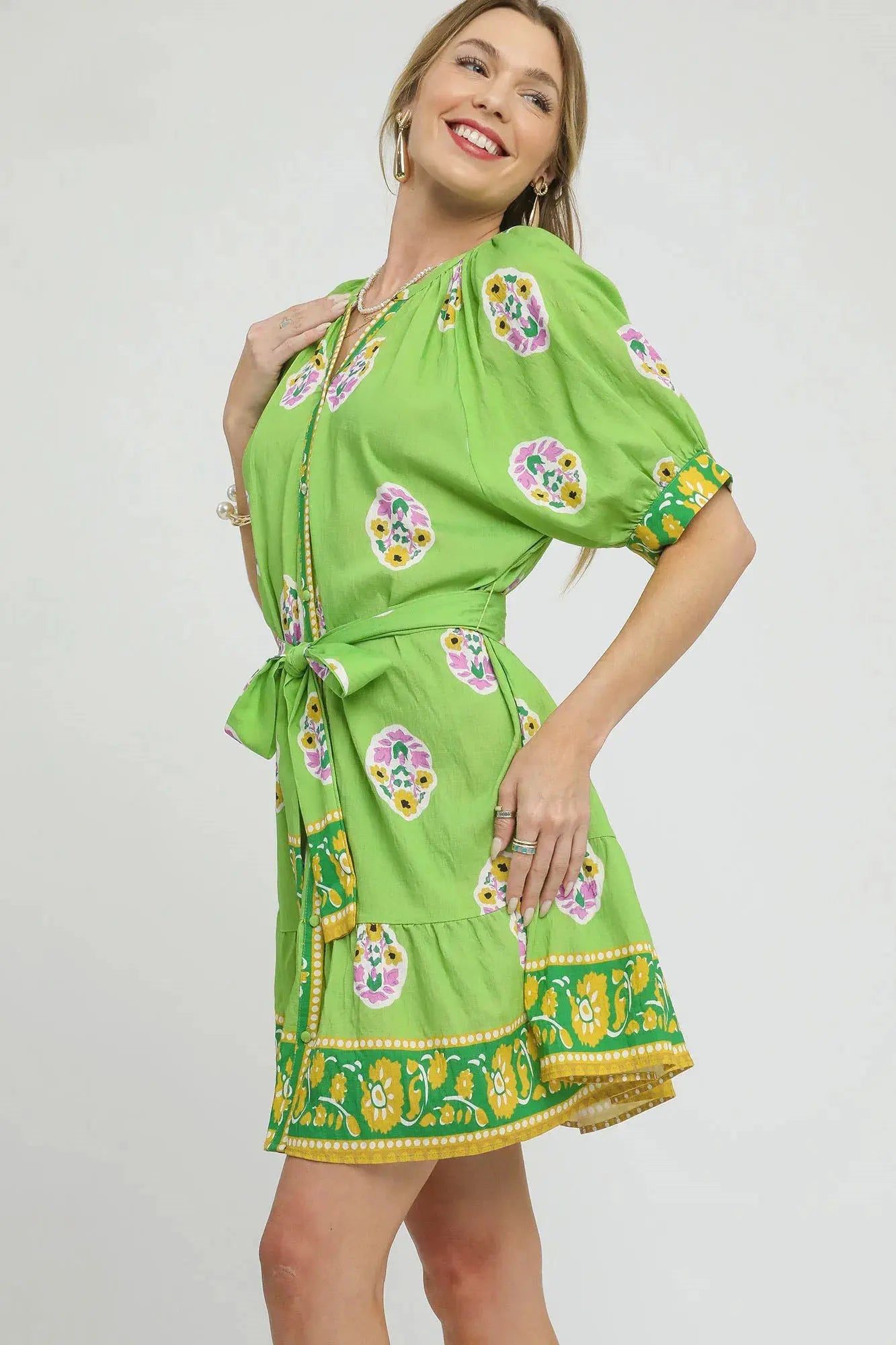 Umgee Floral Print Tie Waist Short Sleeve Dress by Umgee