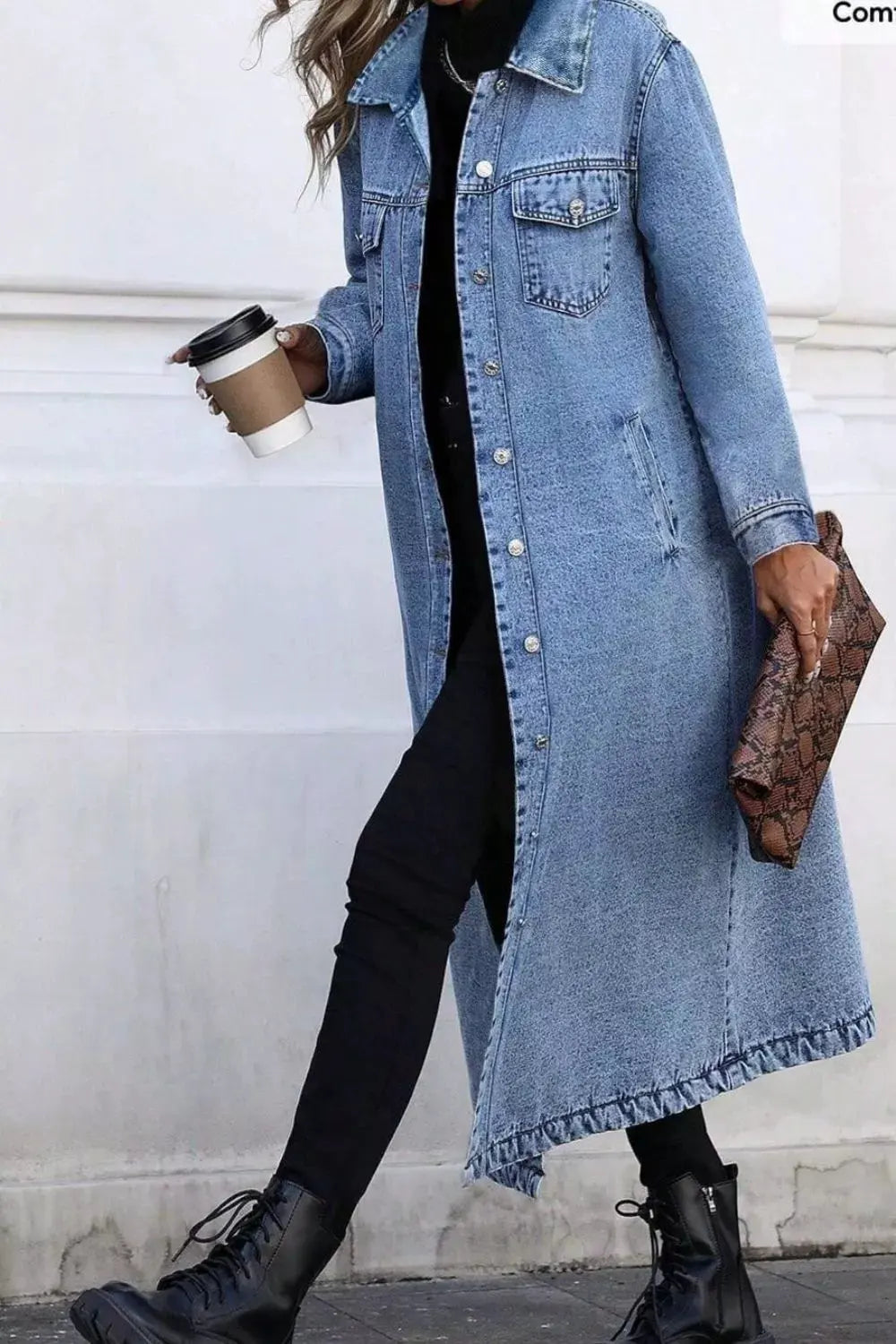 Longline Button-Front Denim Jacket by Partner Label