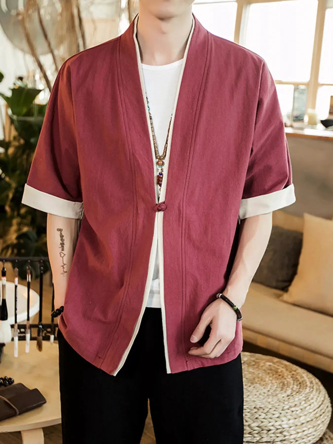 Men's Plus Size Contrast Trim Half Sleeve Shirt by Trendsi
