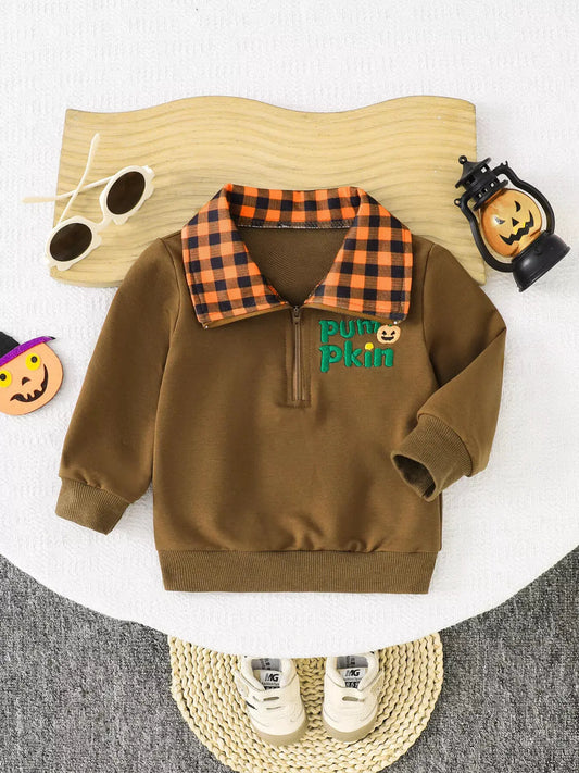 Children's Pumpkin Quarter-Zip Plaid Collar Sweatshirt by Trendsi