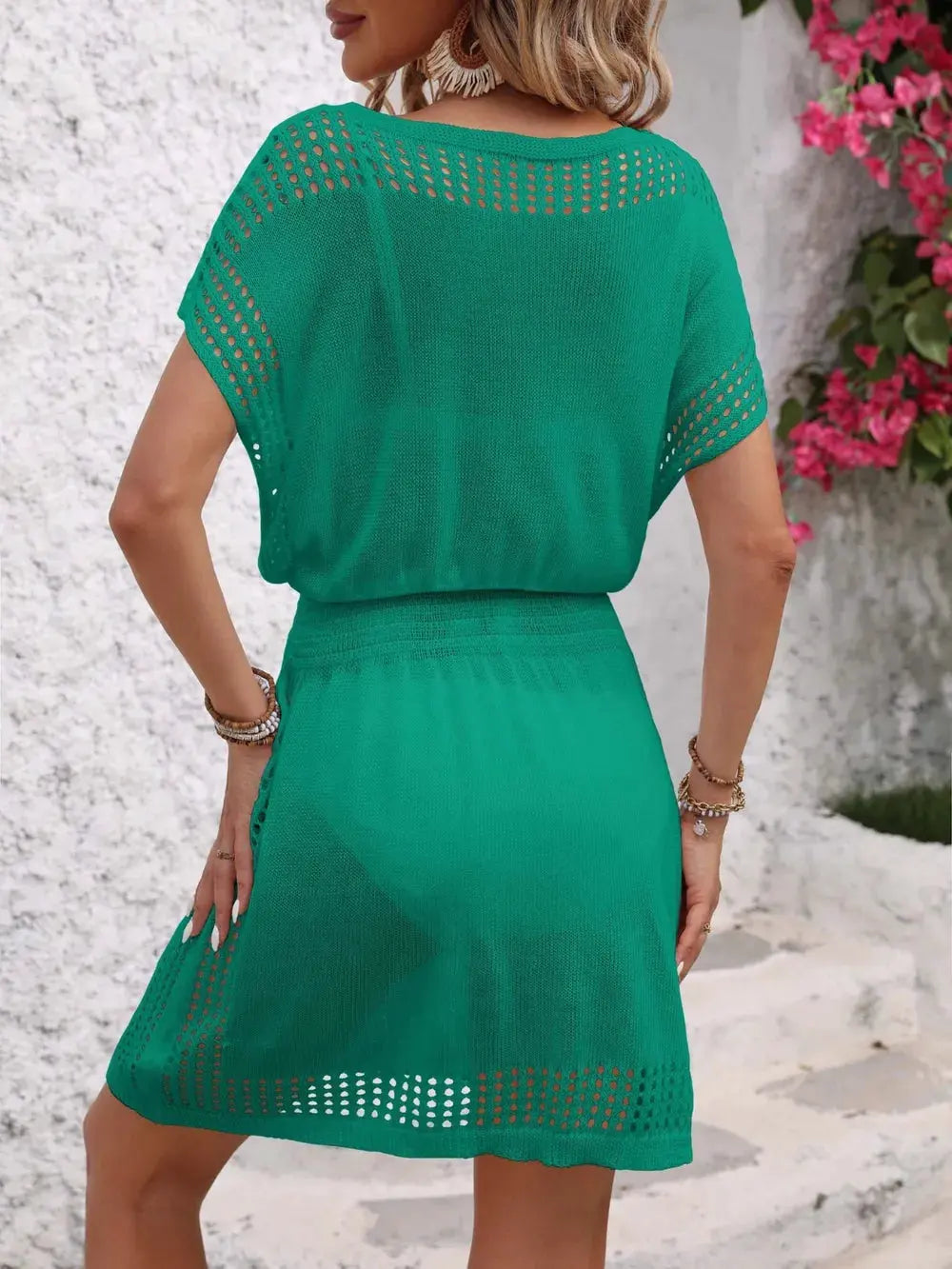 Openwork V-Neck Short Sleeve Cover-Up Dress by Partner Label