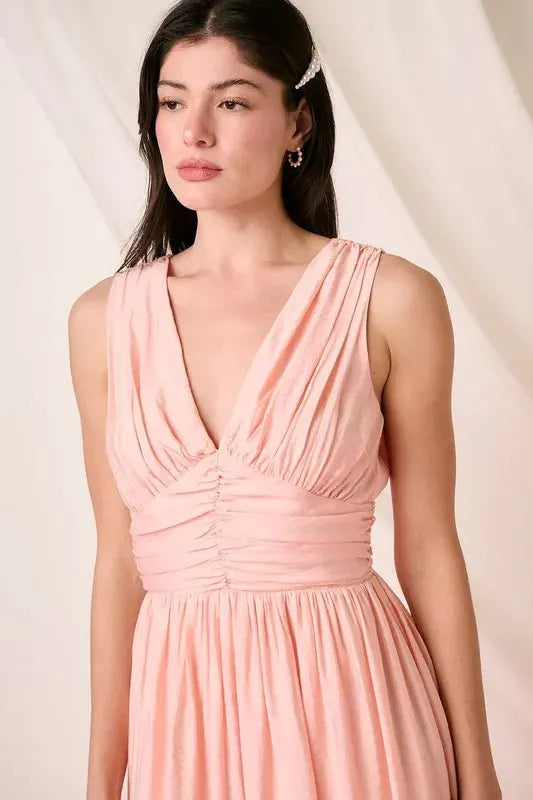 Mittoshop Ruched V-Neck Sleeveless Midi Dress by Mittoshop