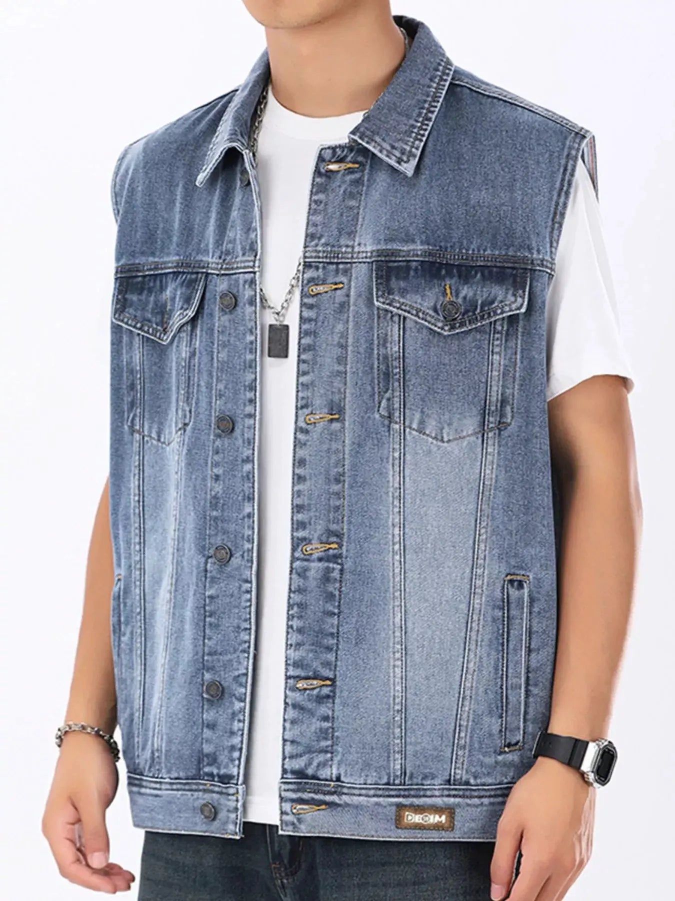 Men's Plus Size Vintage Washed Sleeveless Denim Vest by Trendsi