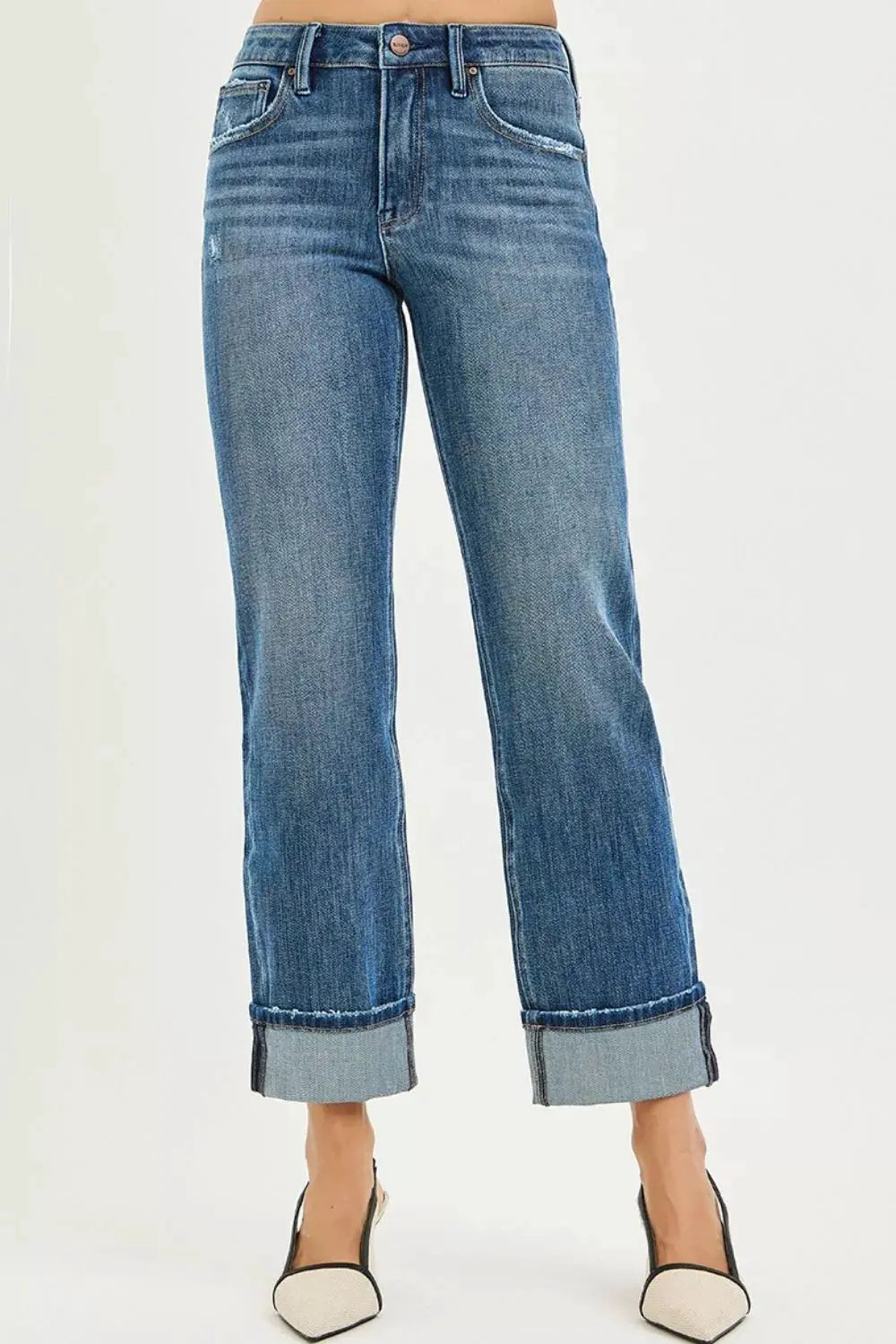 RISEN Full Size 4 Way Stretch Slouchy Straight Jeans with Cuffed Hem Plus Size by RISEN