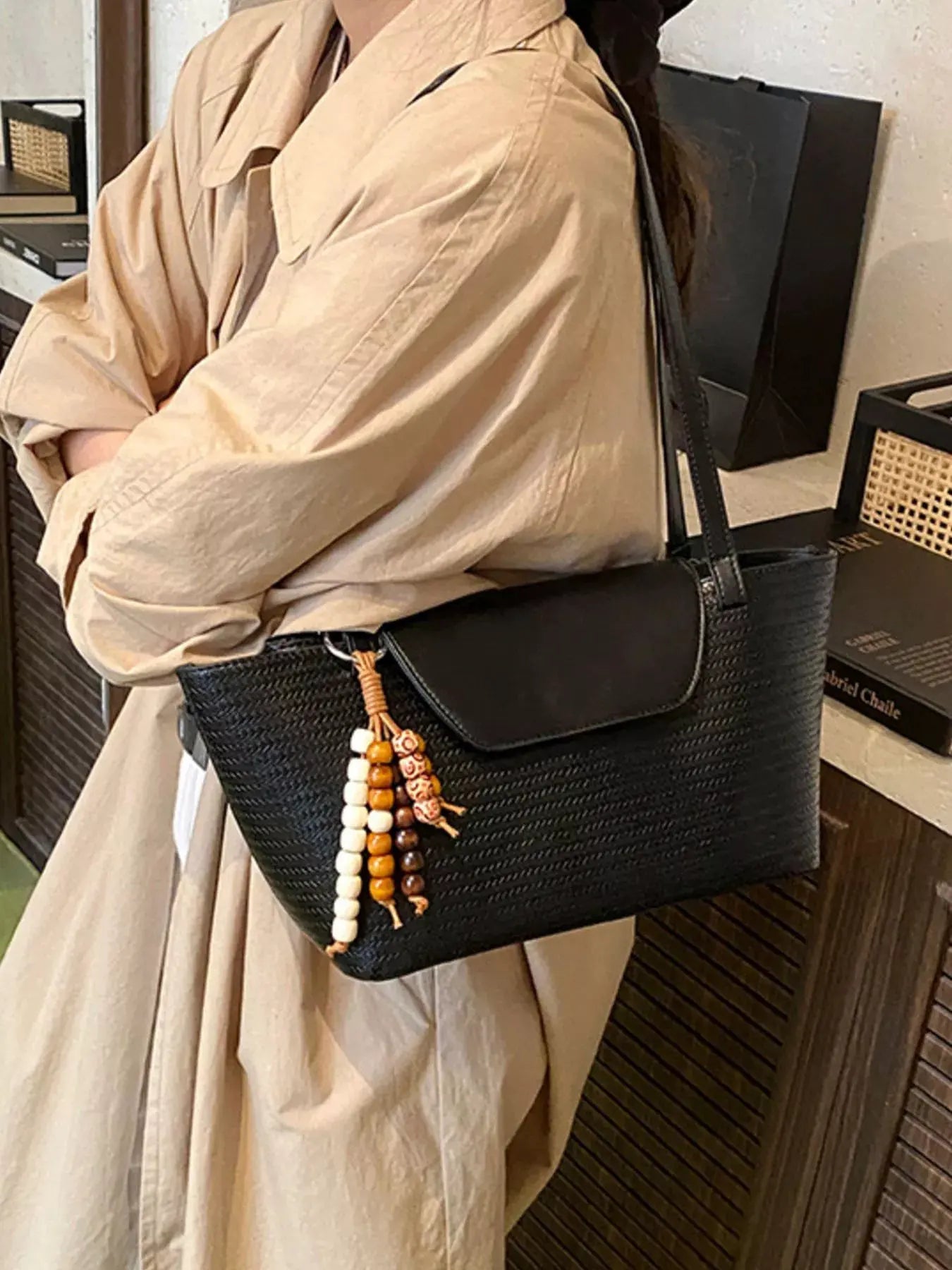 Texture Tote Bag with Beaded Charm by Partner Label