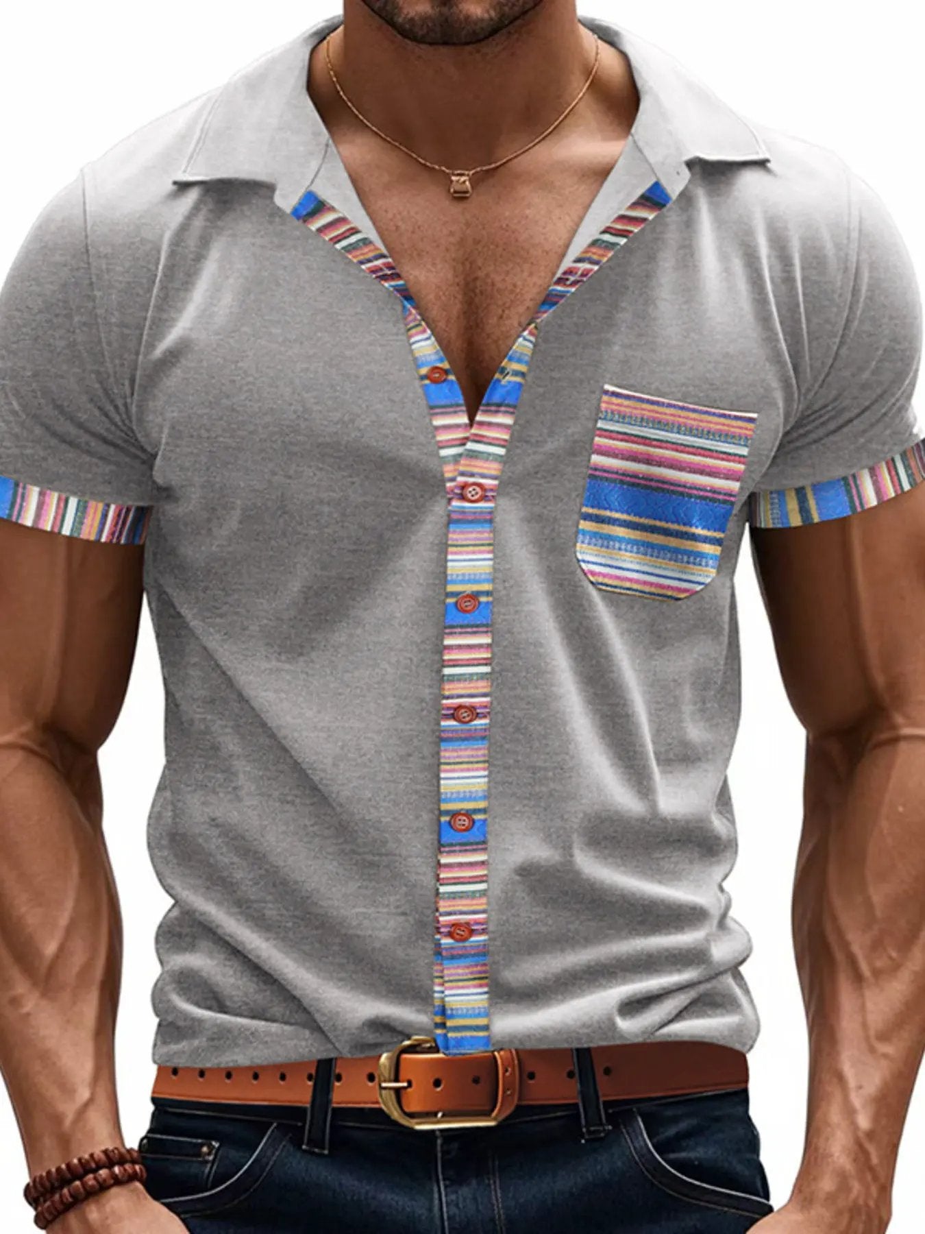 Men's Full Size Short Sleeve Shirt with Colorful Trim Plus Size by Trendsi