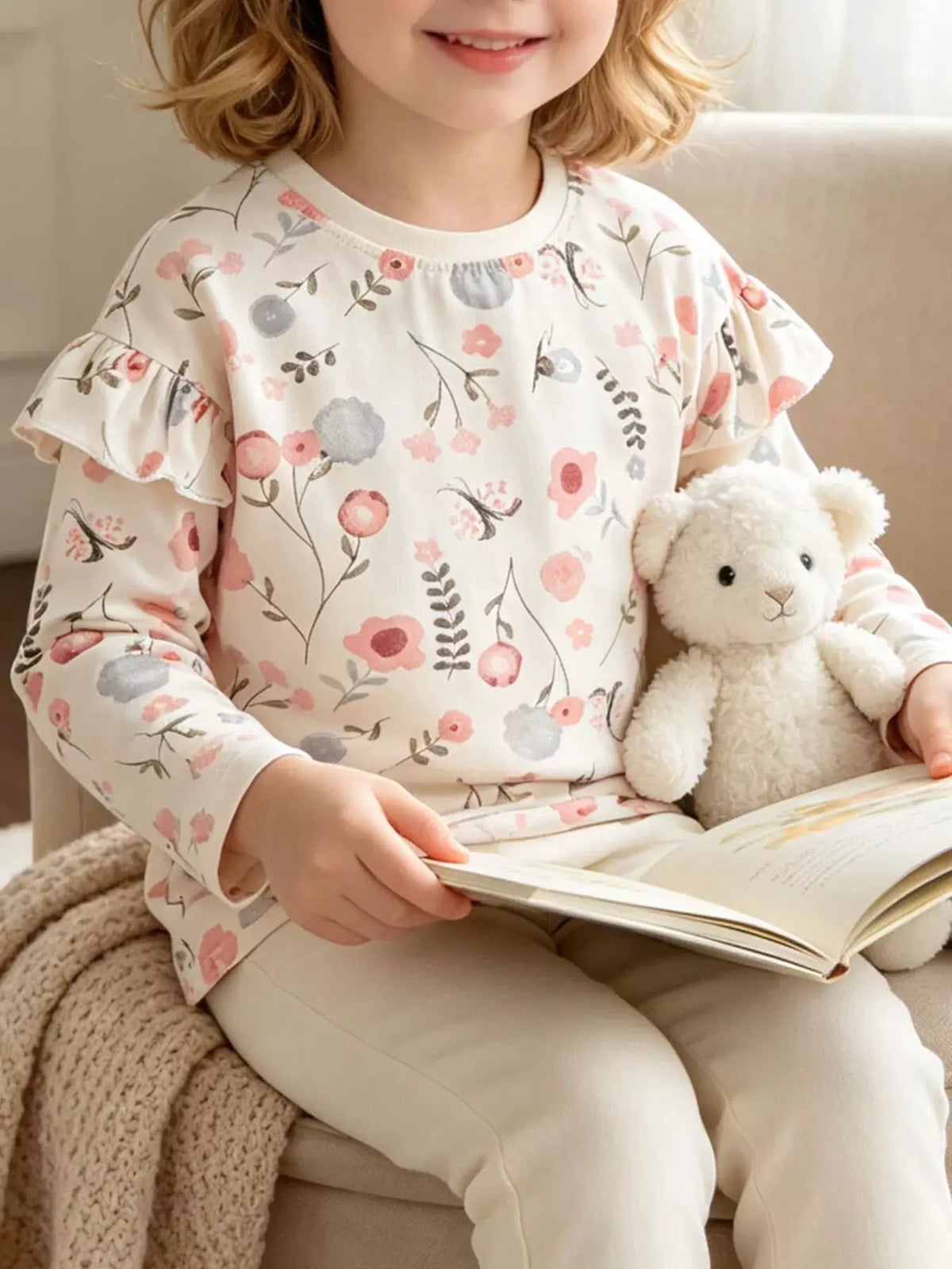 Children's Floral Print Ruffle-Sleeve Crew Neck Sweatshirt by Trendsi