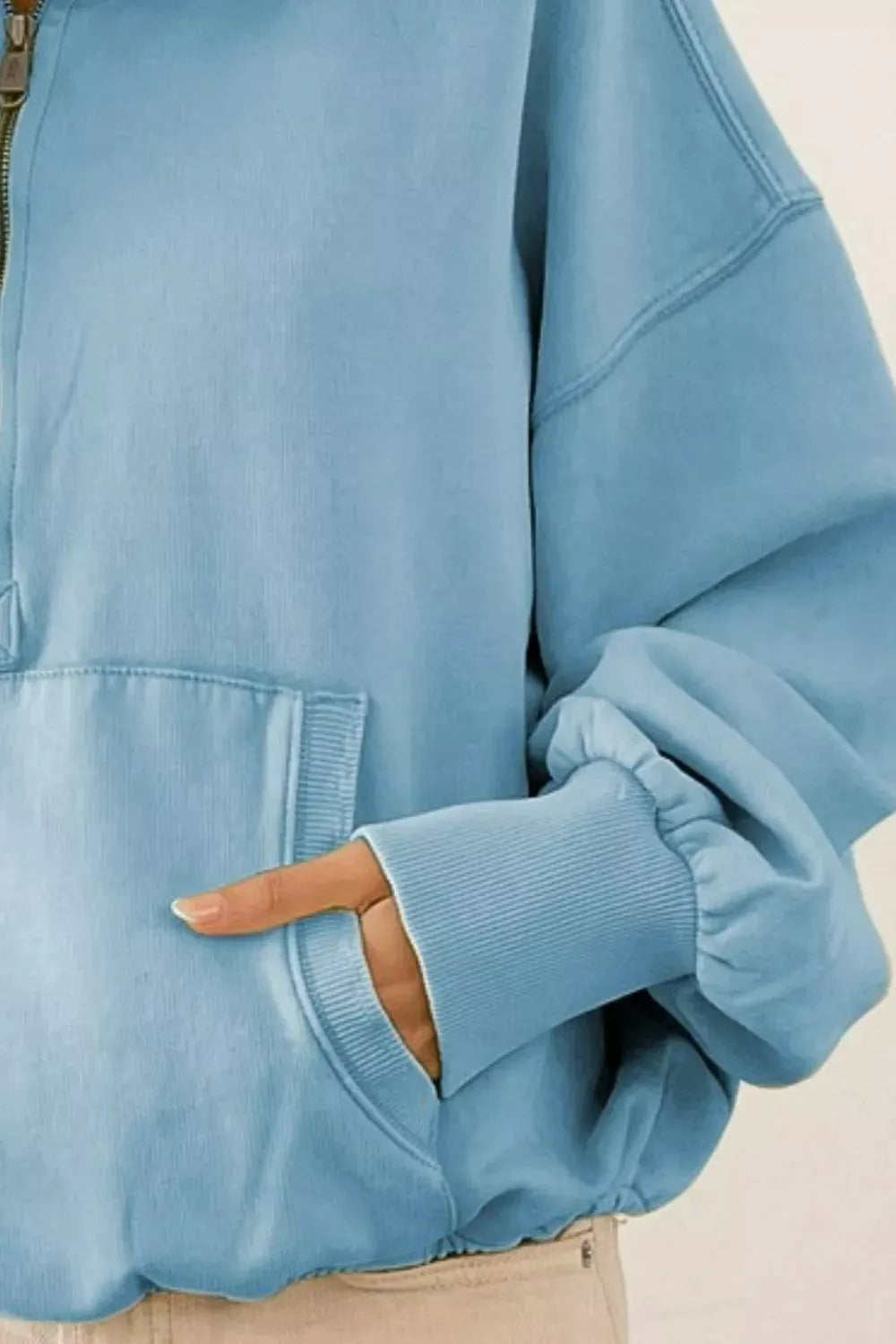 BiBi Stitch Detailed Elastic Hem Half Zip Fleece Hoodie by BiBi